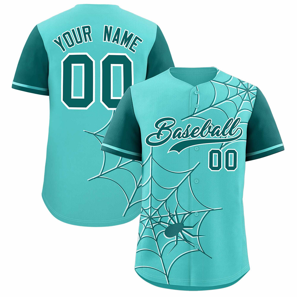 Custom Bright Green-Aqua Spider Web Pattern Raglan Sleeves Authentic Baseball Jersey | KXKSHOP