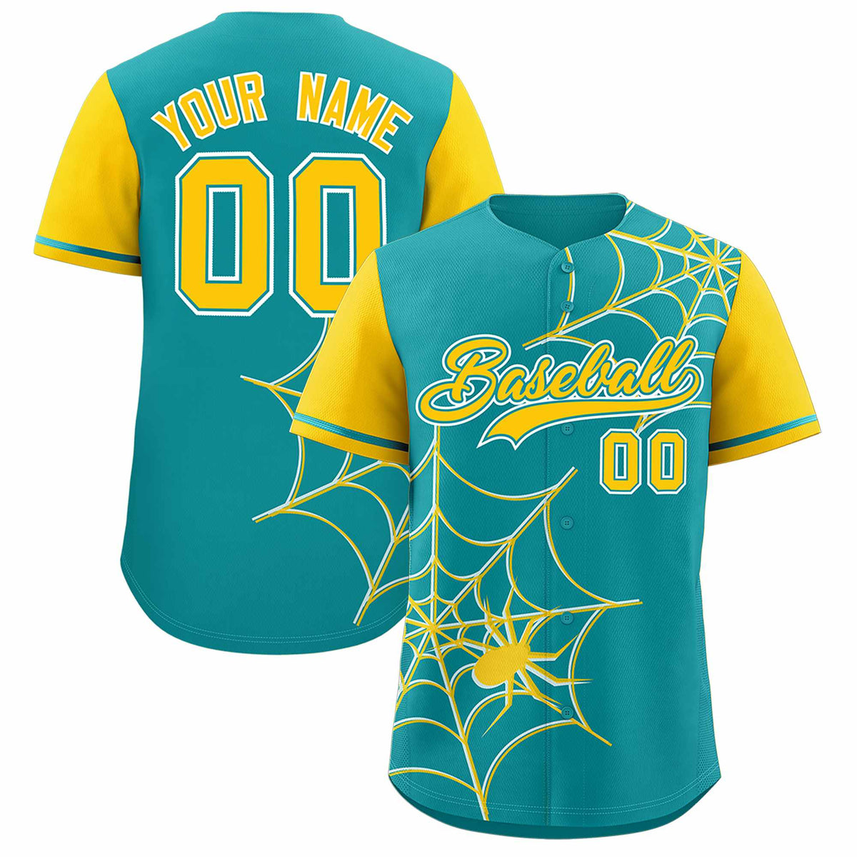 Custom Aqua-Gold Spider Web Pattern Raglan Sleeves Authentic Baseball Jersey | KXKSHOP