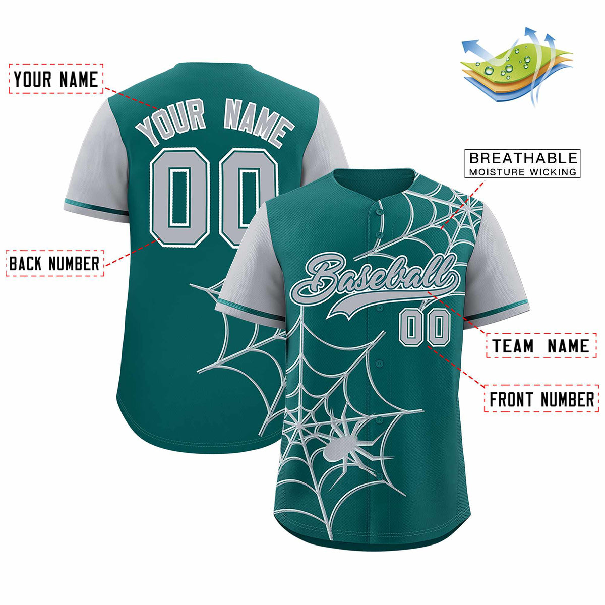 Custom Aqua-Gray Spider Web Pattern Raglan Sleeves Authentic Baseball Jersey | KXKSHOP
