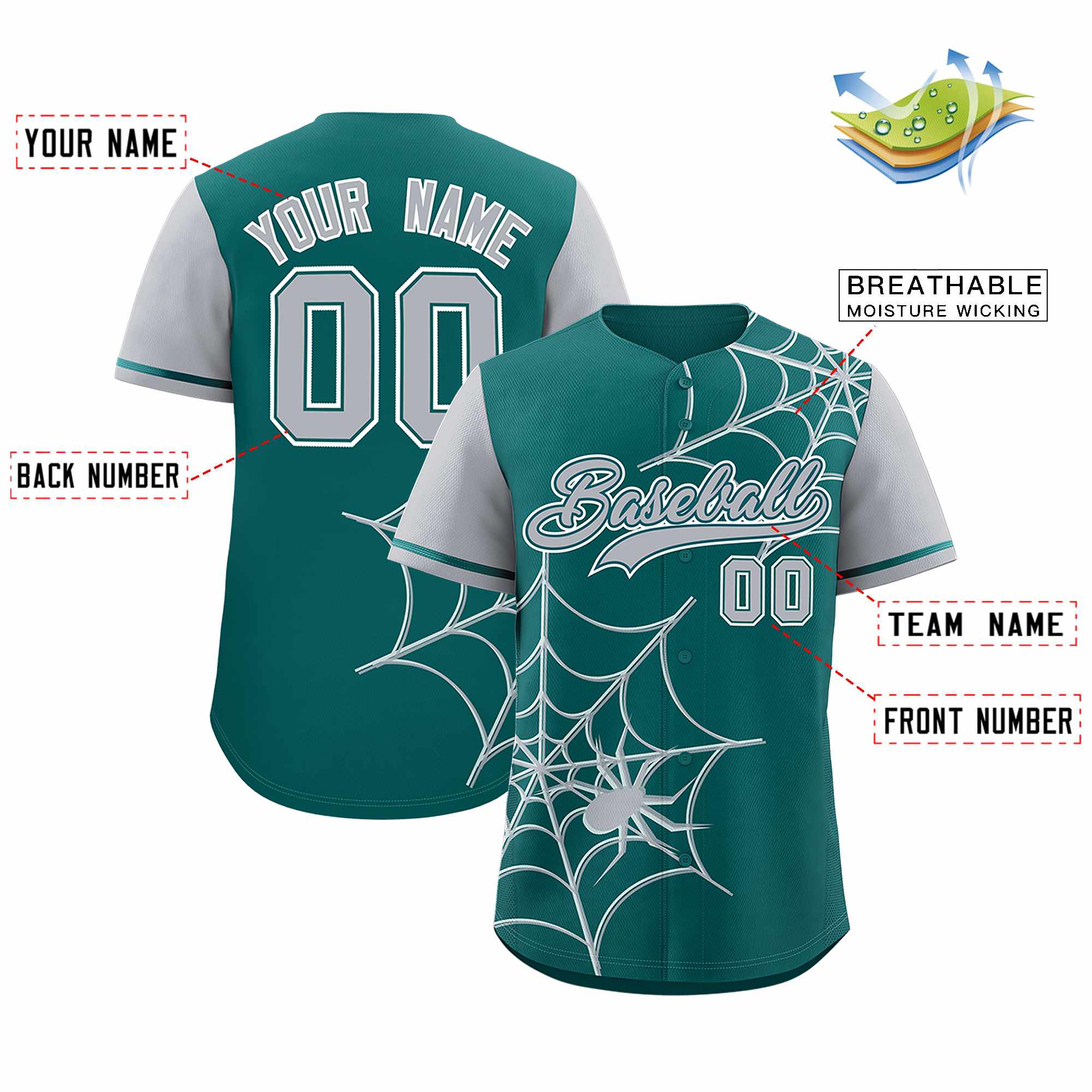 Custom Aqua-Gray Spider Web Pattern Raglan Sleeves Authentic Baseball Jersey | KXKSHOP