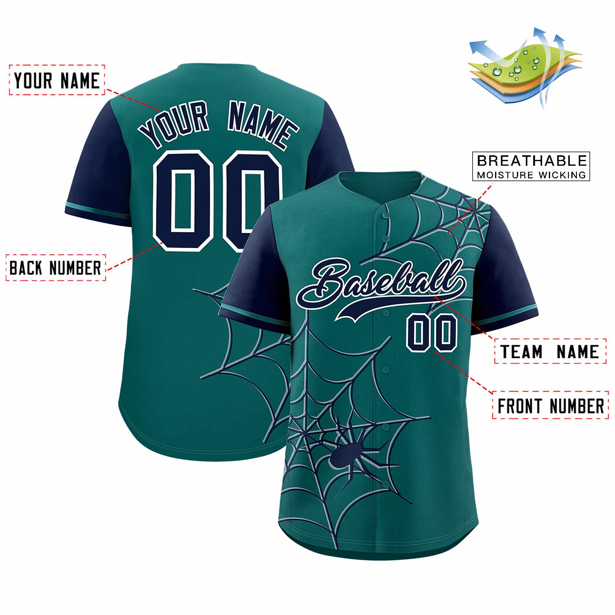 Custom Aqua-Navy Spider Web Pattern Raglan Sleeves Authentic Baseball Jersey | KXKSHOP