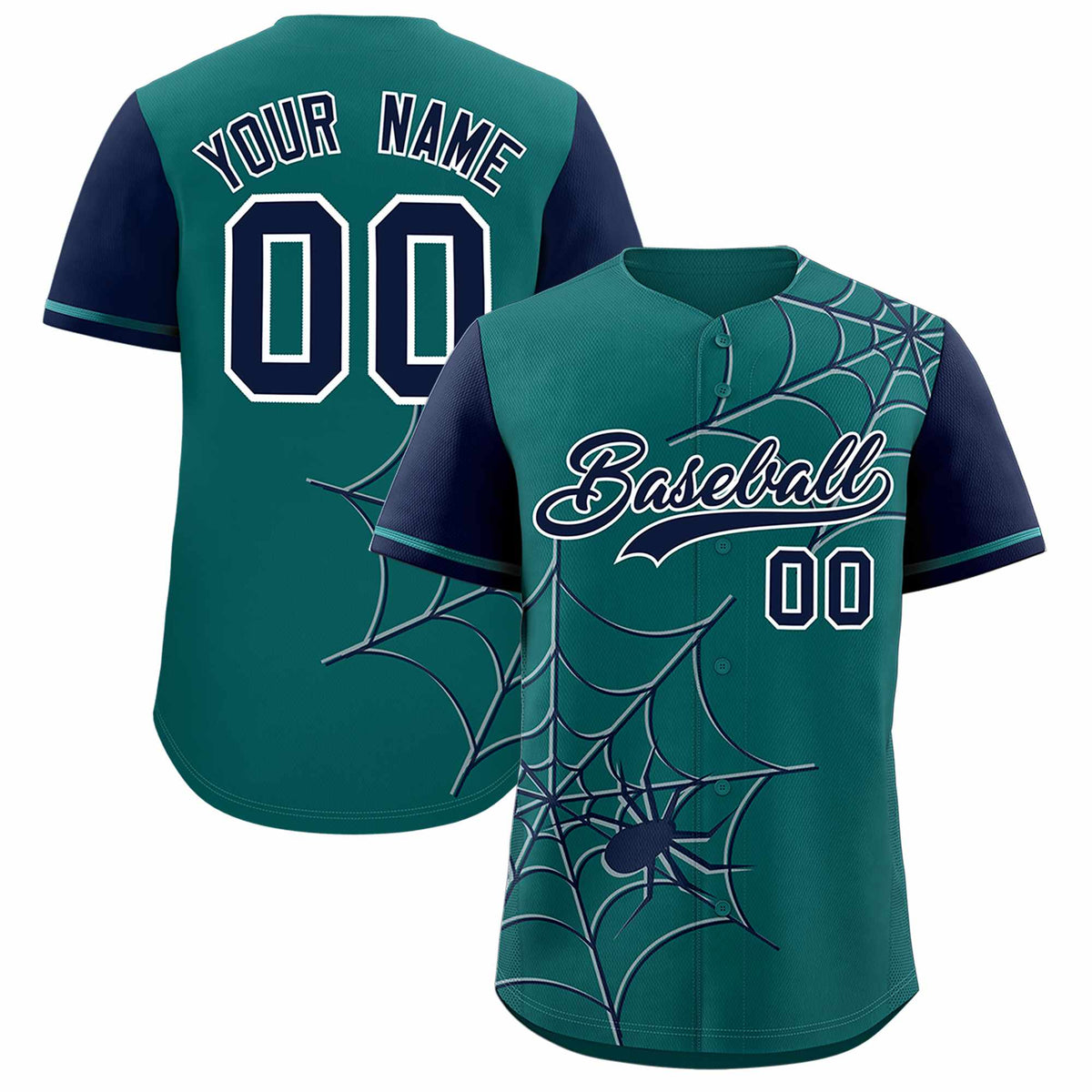 Custom Aqua-Navy Spider Web Pattern Raglan Sleeves Authentic Baseball Jersey | KXKSHOP