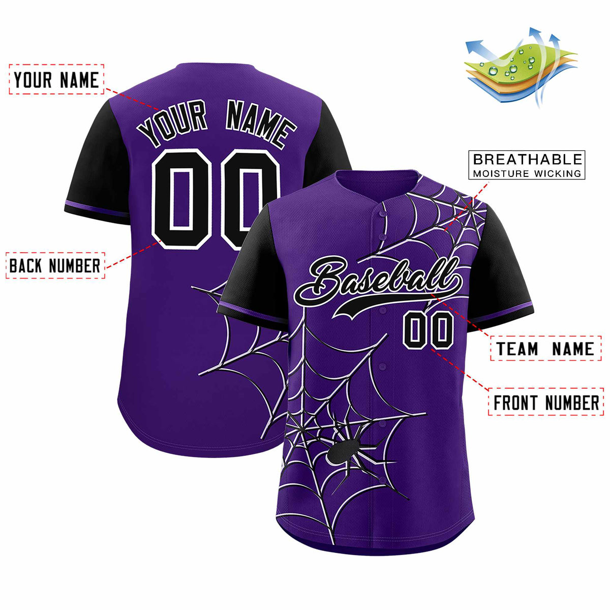 Custom Purple-Black Spider Web Pattern Raglan Sleeves Authentic Baseball Jersey | KXKSHOP