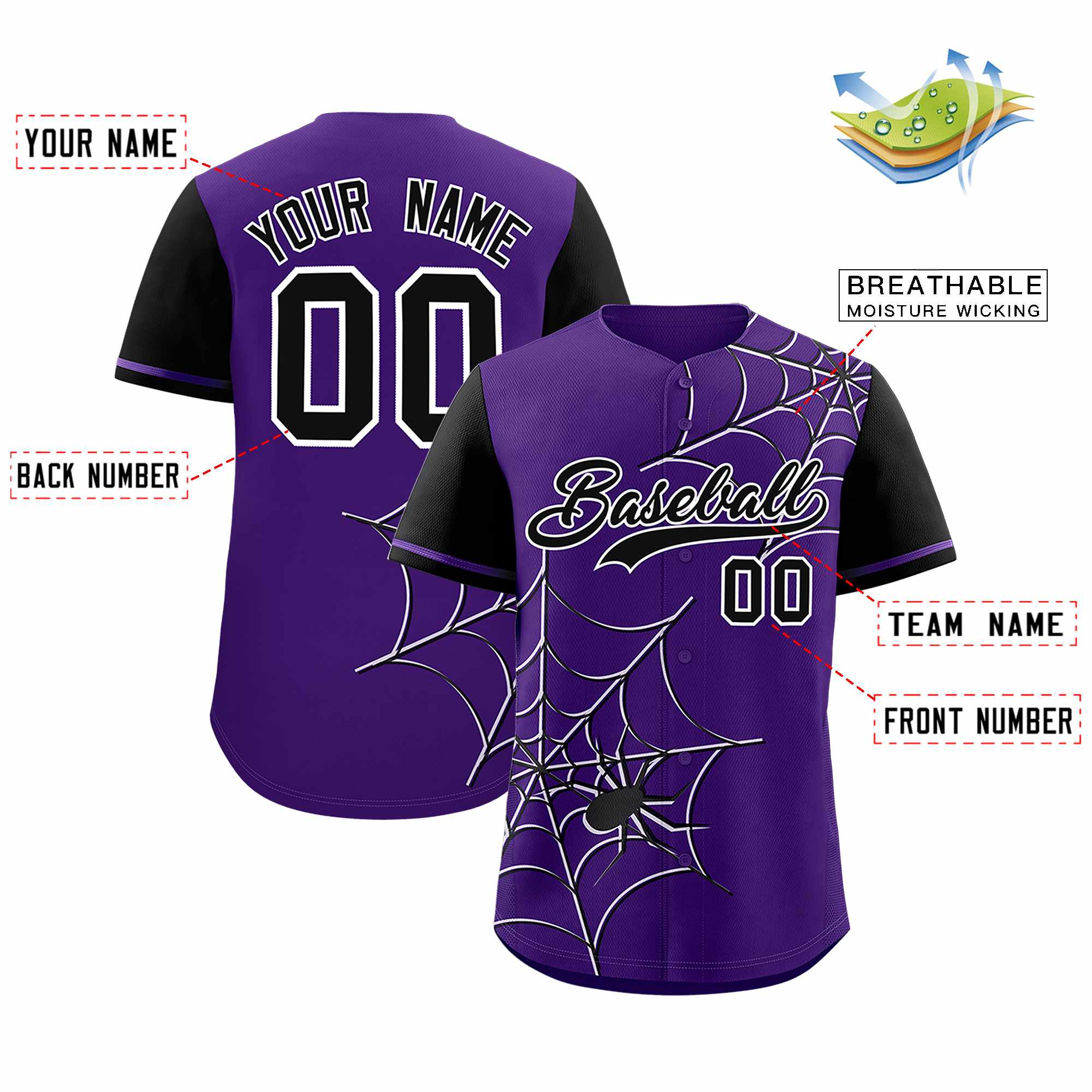 Custom Purple-Black Spider Web Pattern Raglan Sleeves Authentic Baseball Jersey | KXKSHOP
