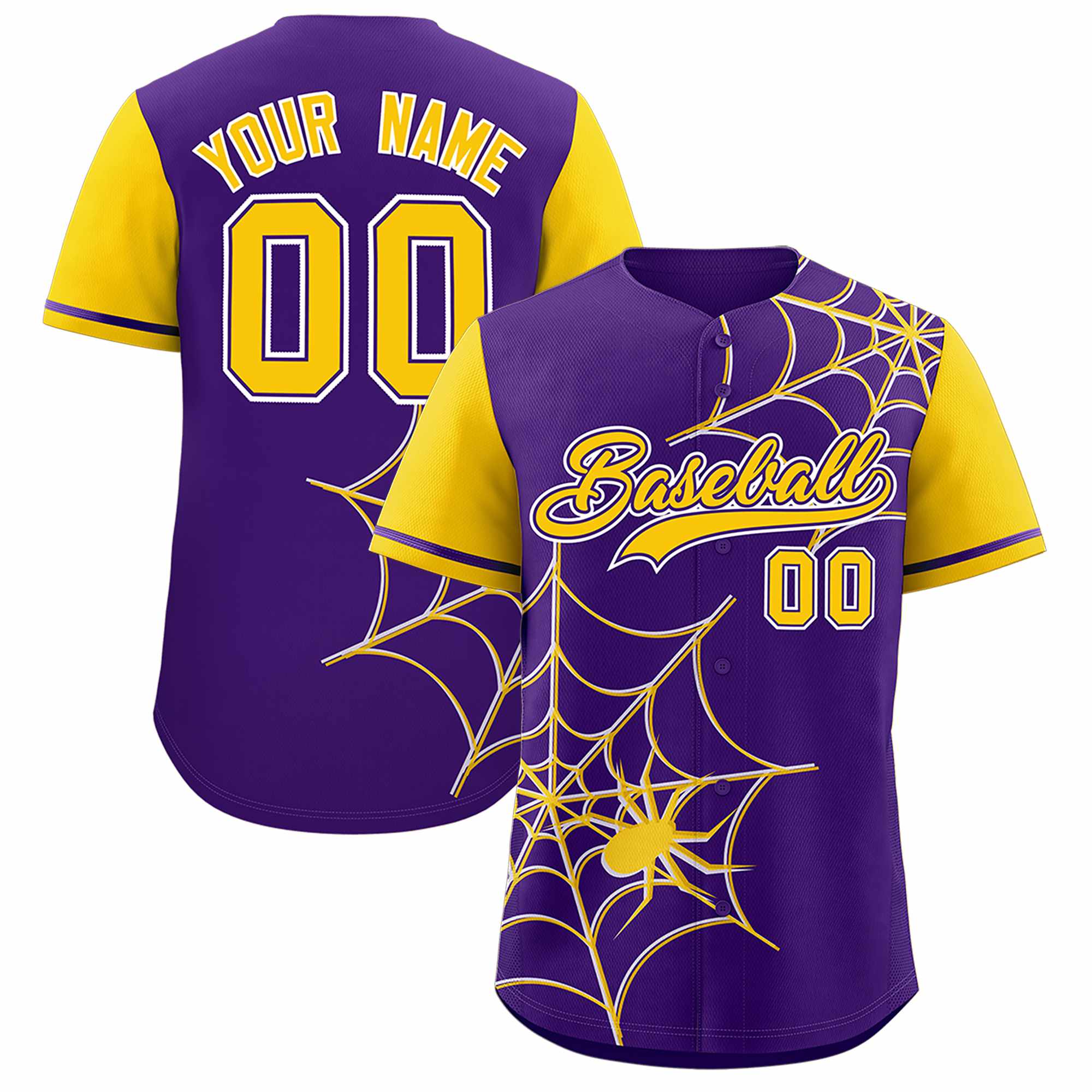 Custom Purple-Gold Spider Web Pattern Raglan Sleeves Authentic Baseball Jersey | KXKSHOP