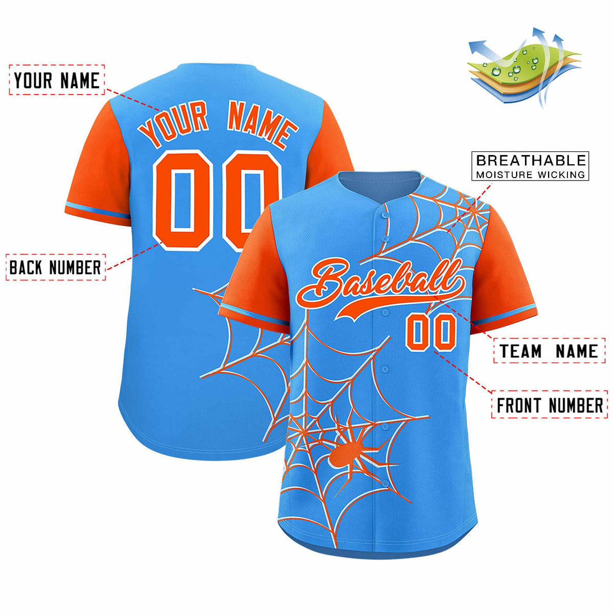 Custom Powder Blue-Orange Spider Web Pattern Raglan Sleeves Authentic Baseball Jersey | KXKSHOP