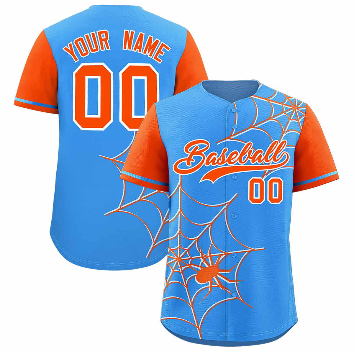 Custom Powder Blue-Orange Spider Web Pattern Raglan Sleeves Authentic Baseball Jersey | KXKSHOP
