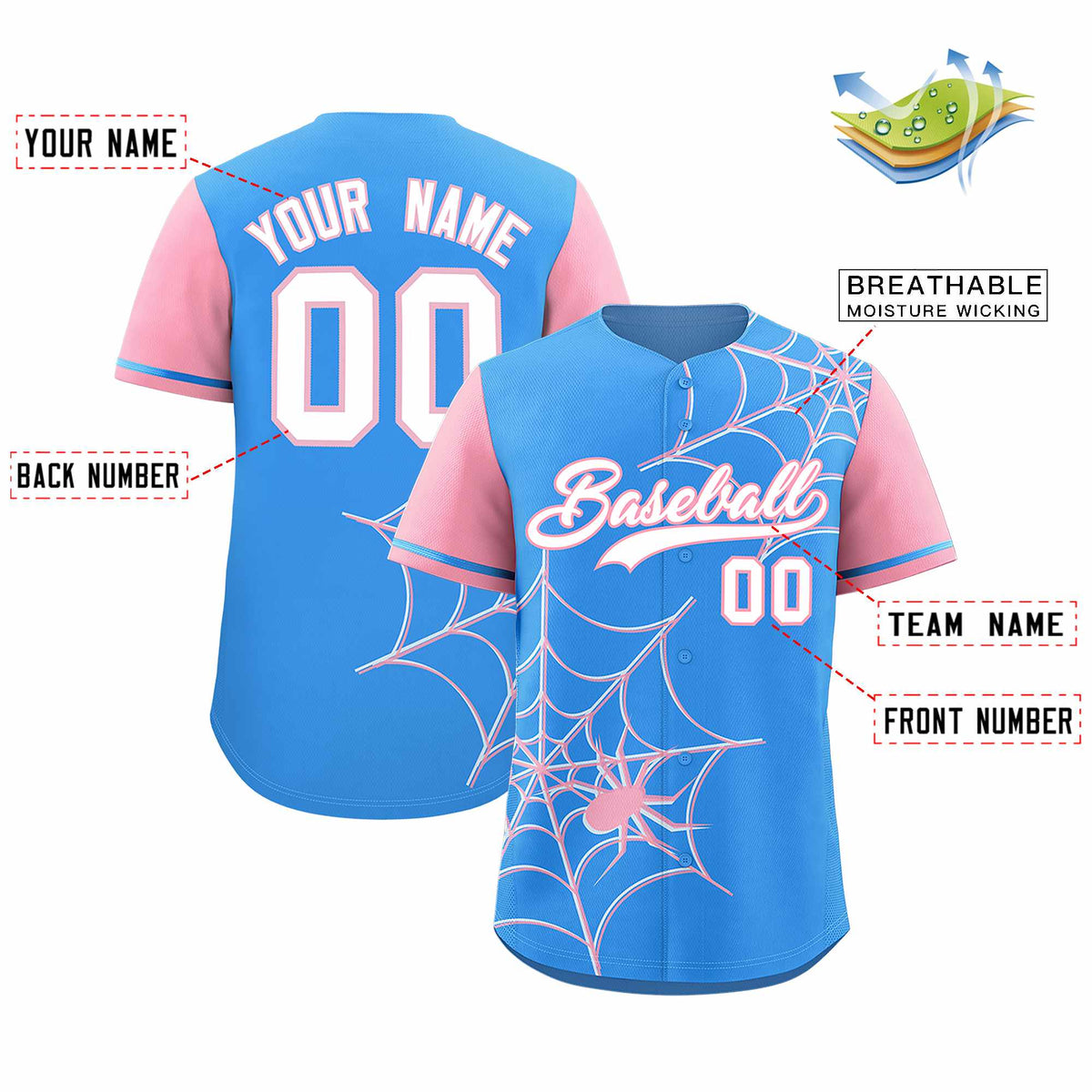 Custom Powder Blue-Light Pink Spider Web Pattern Raglan Sleeves Authentic Baseball Jersey | KXKSHOP