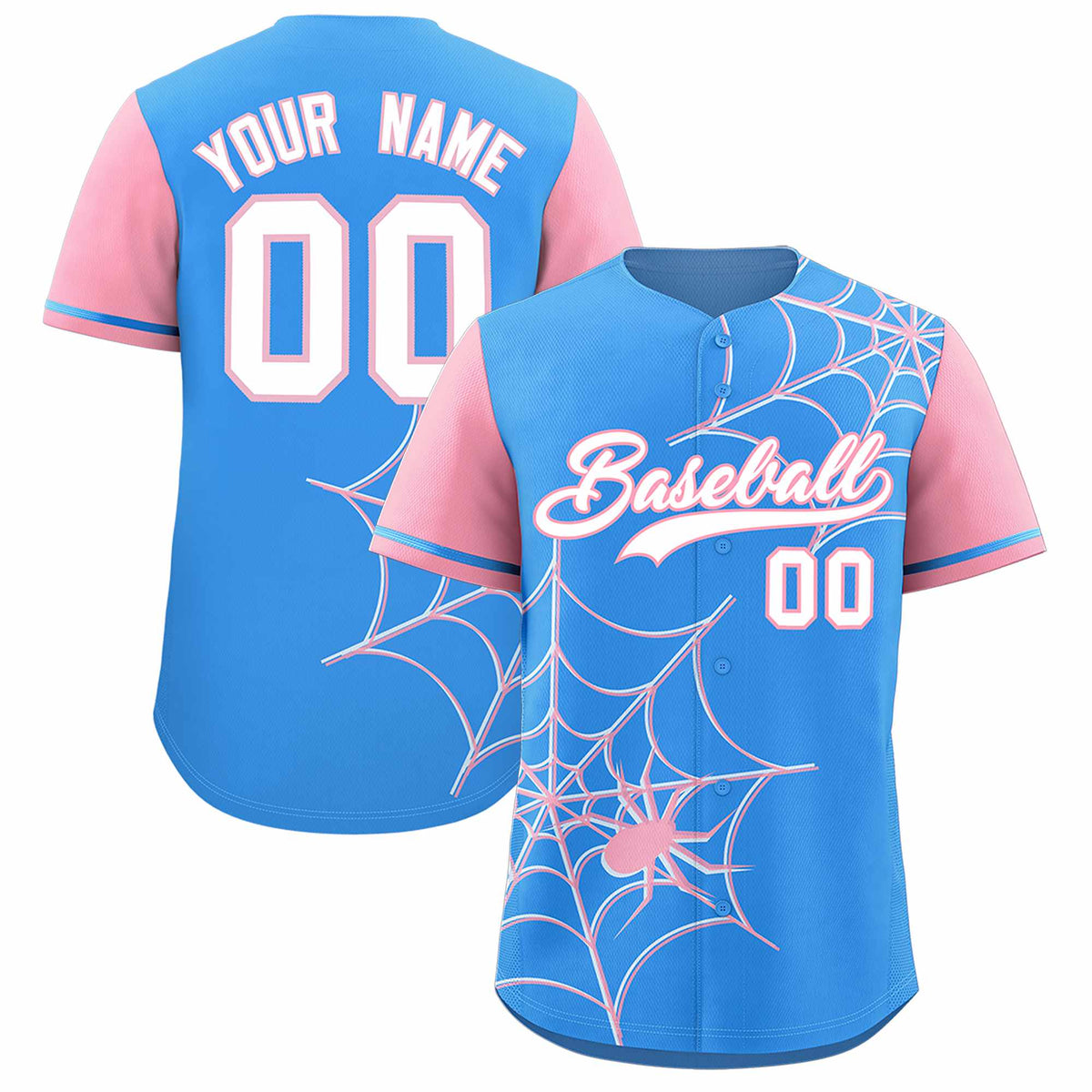 Custom Powder Blue-Light Pink Spider Web Pattern Raglan Sleeves Authentic Baseball Jersey | KXKSHOP