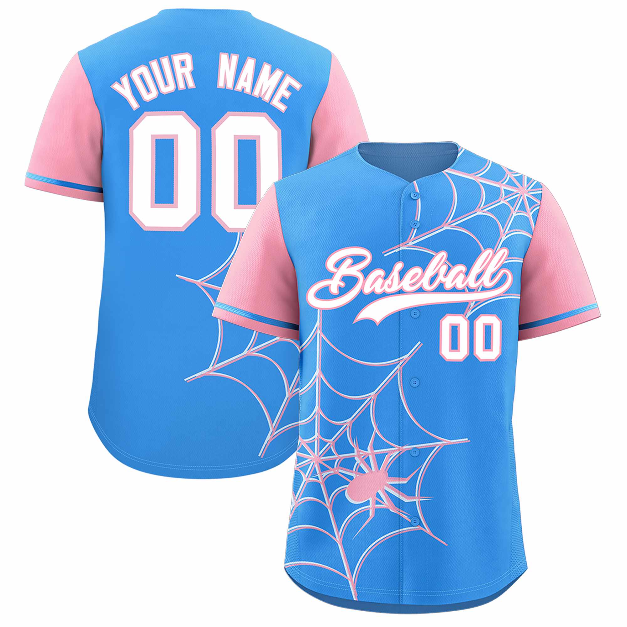 Custom Powder Blue-Light Pink Spider Web Pattern Raglan Sleeves Authentic Baseball Jersey | KXKSHOP