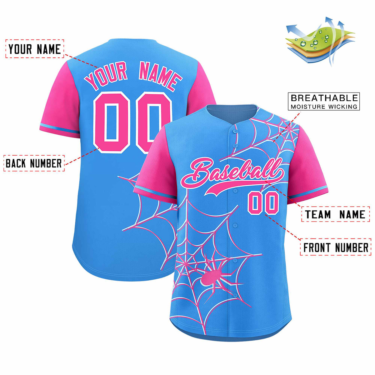 Custom Powder Blue-Pink Spider Web Pattern Raglan Sleeves Authentic Baseball Jersey | KXKSHOP