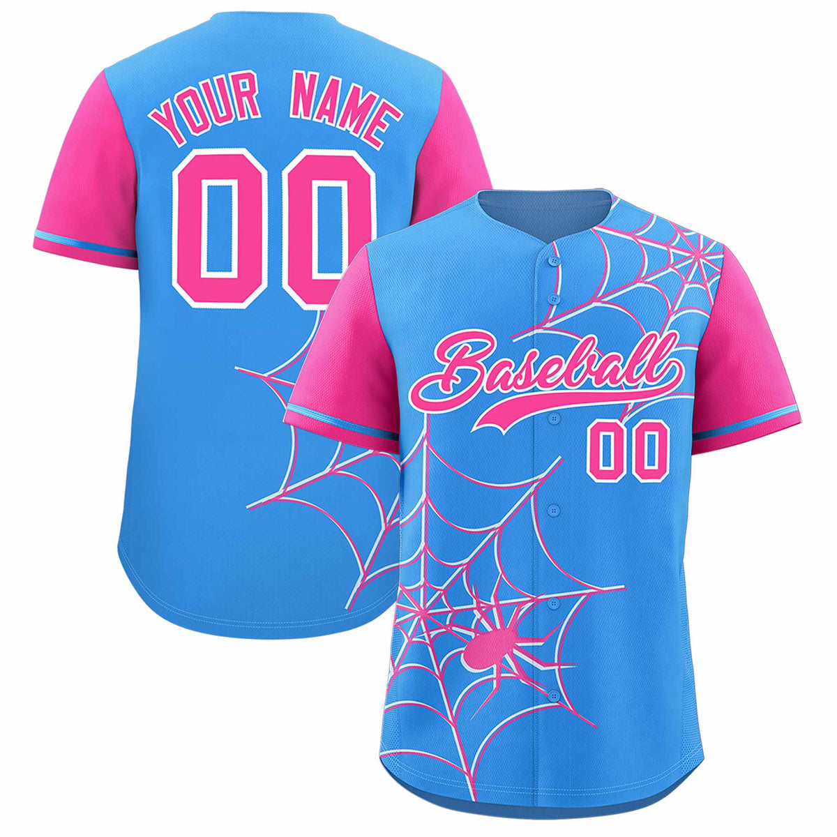 Custom Powder Blue-Pink Spider Web Pattern Raglan Sleeves Authentic Baseball Jersey | KXKSHOP