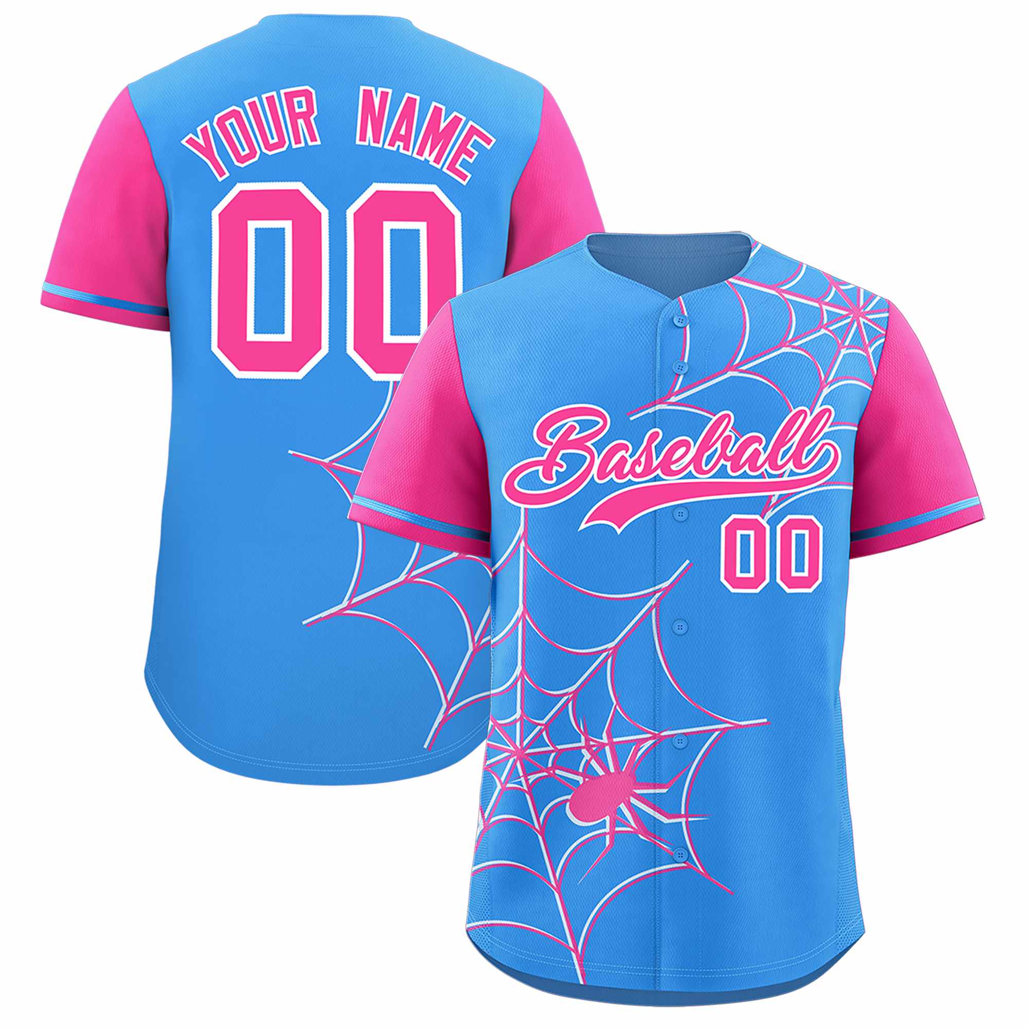 Custom Powder Blue-Pink Spider Web Pattern Raglan Sleeves Authentic Baseball Jersey | KXKSHOP