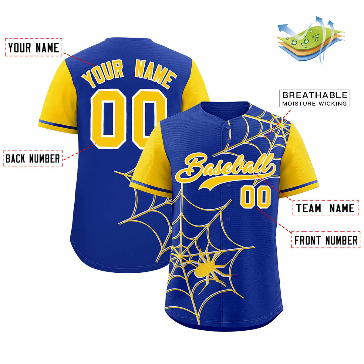 Custom Royal-Gold Spider Web Pattern Raglan Sleeves Authentic Baseball Jersey | KXKSHOP