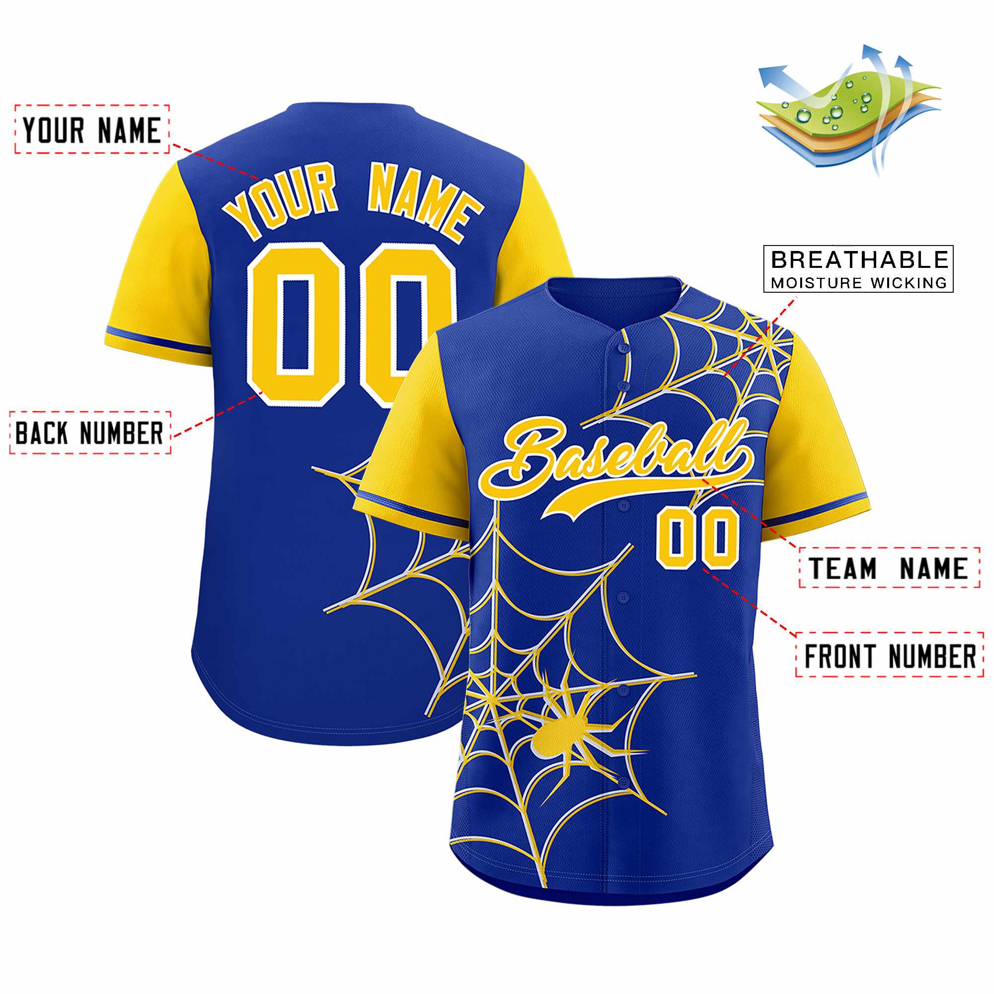Custom Royal-Gold Spider Web Pattern Raglan Sleeves Authentic Baseball Jersey | KXKSHOP