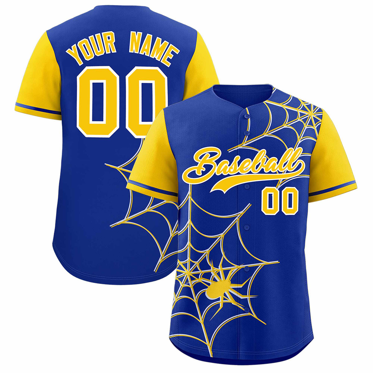 Custom Royal-Gold Spider Web Pattern Raglan Sleeves Authentic Baseball Jersey | KXKSHOP
