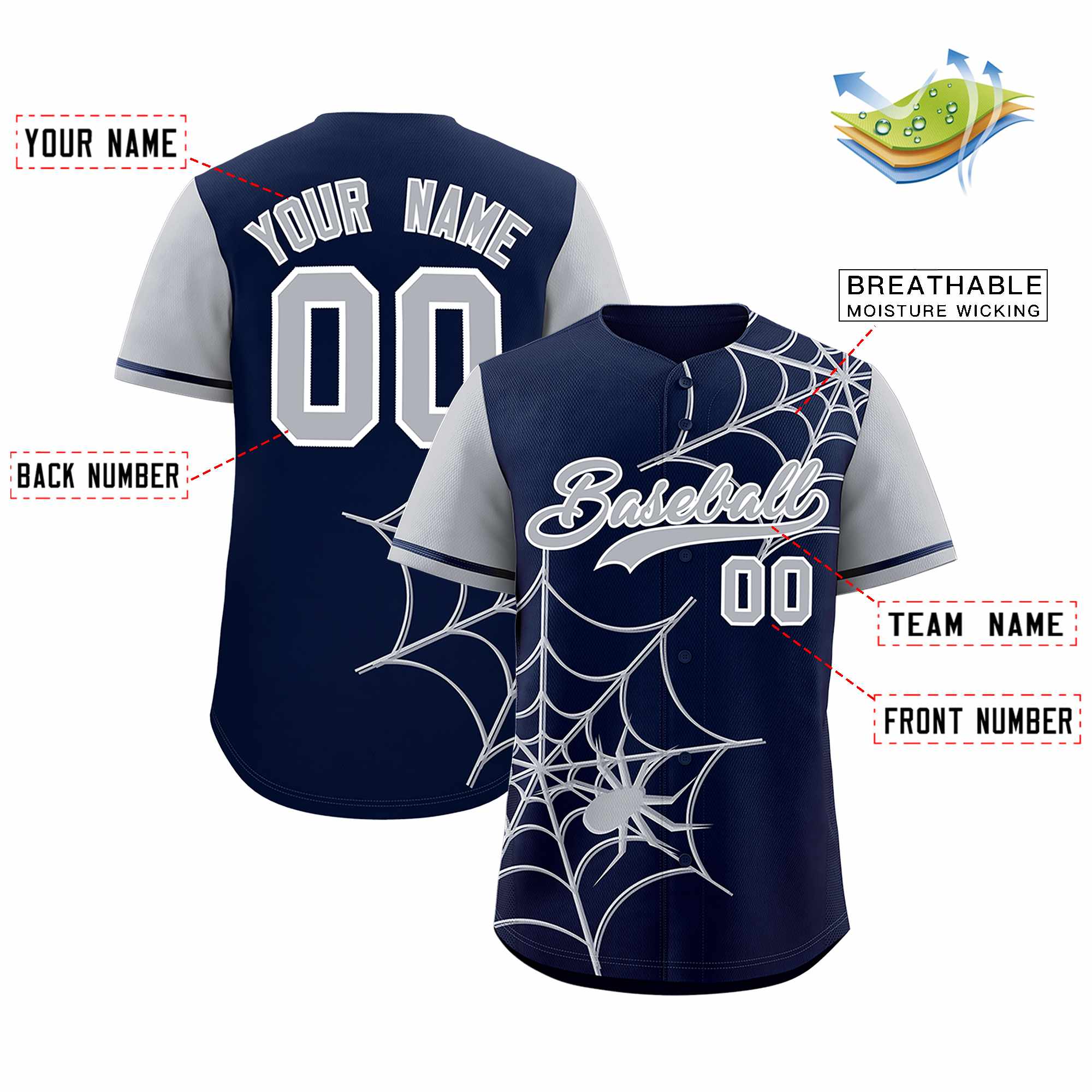 Custom Navy-Gray Spider Web Pattern Raglan Sleeves Authentic Baseball Jersey | KXKSHOP