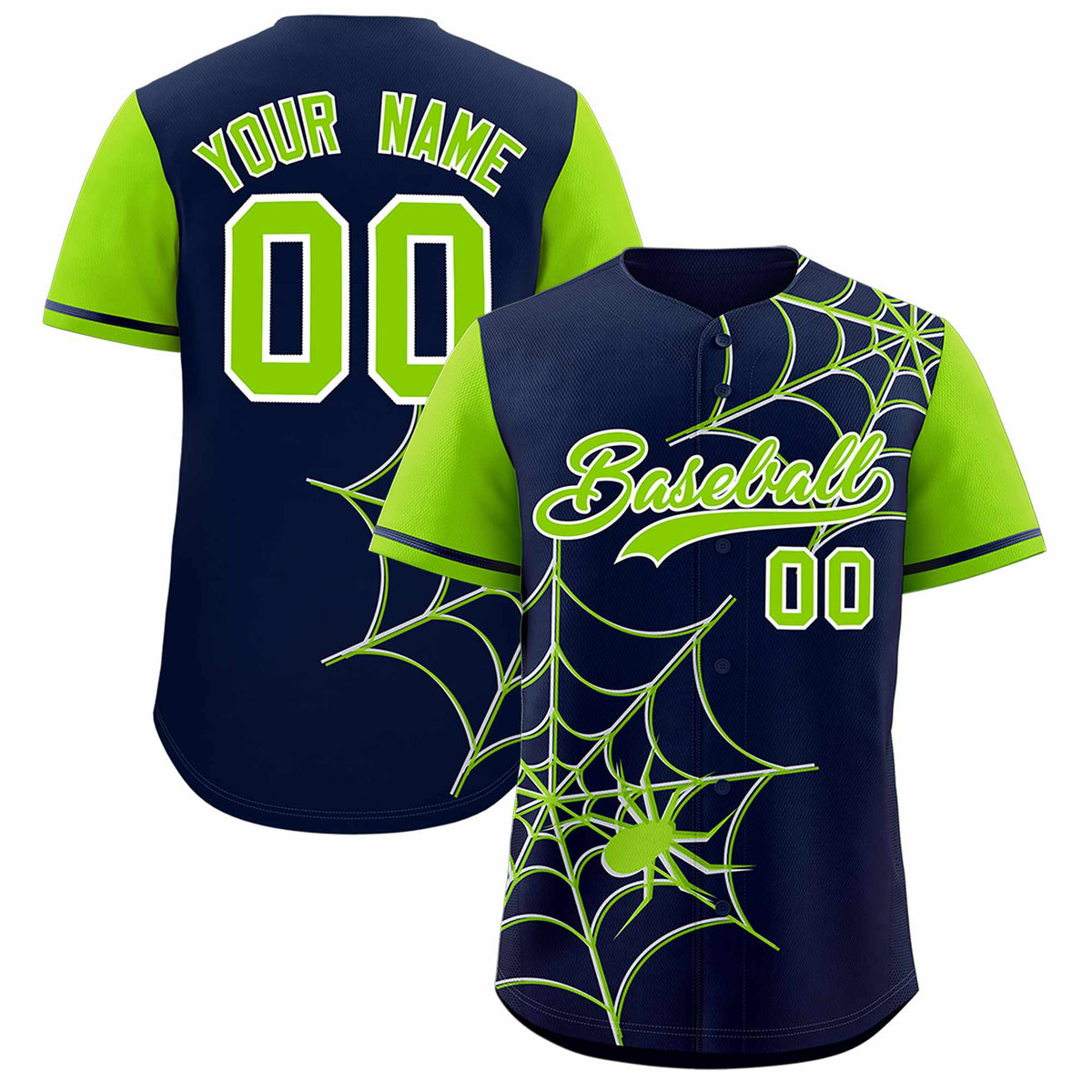 Custom Navy-Neon Green Spider Web Pattern Raglan Sleeves Authentic Baseball Jersey | KXKSHOP