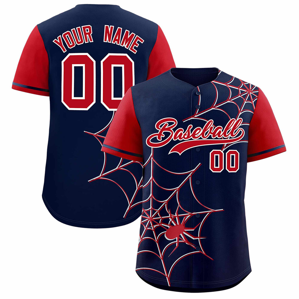 Custom Navy Red Spider Web Pattern Raglan Sleeves Authentic Baseball Jersey | KXKSHOP