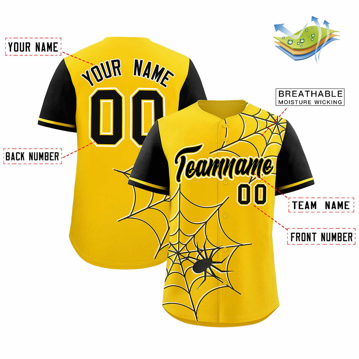 Custom Gold-Black Spider Web Pattern Raglan Sleeves Authentic Baseball Jersey | KXKSHOP