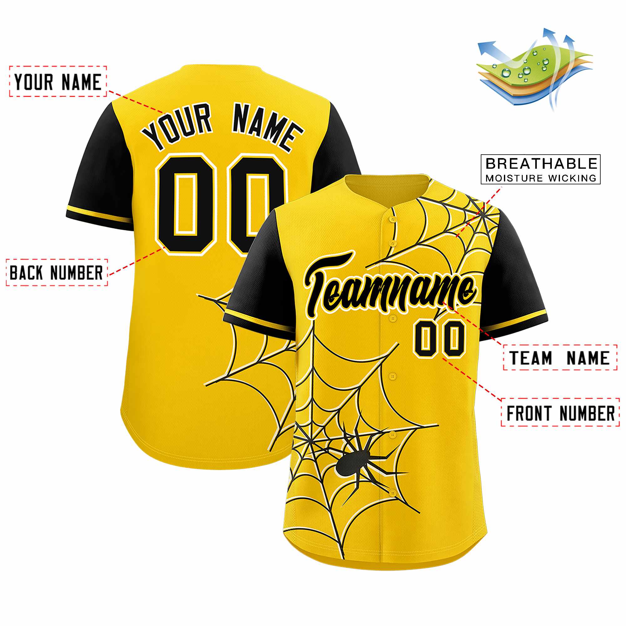 Custom Gold-Black Spider Web Pattern Raglan Sleeves Authentic Baseball Jersey | KXKSHOP