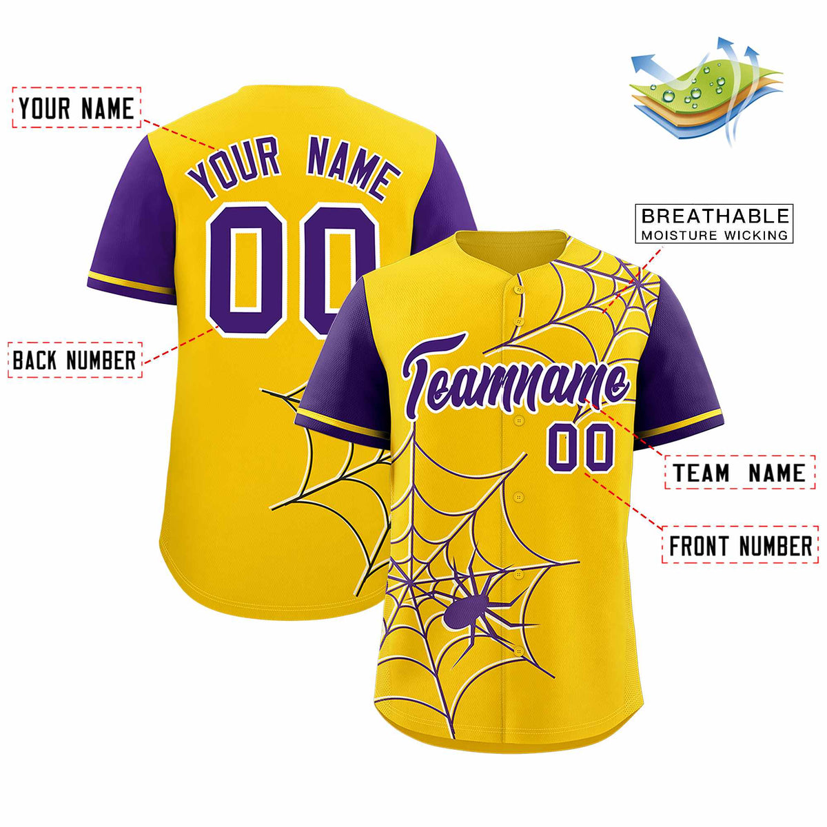 Custom Gold-Purple Spider Web Pattern Raglan Sleeves Authentic Baseball Jersey | KXKSHOP