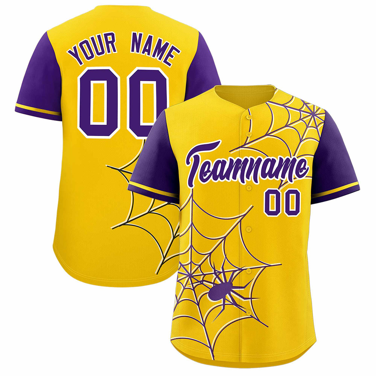 Custom Gold-Purple Spider Web Pattern Raglan Sleeves Authentic Baseball Jersey | KXKSHOP