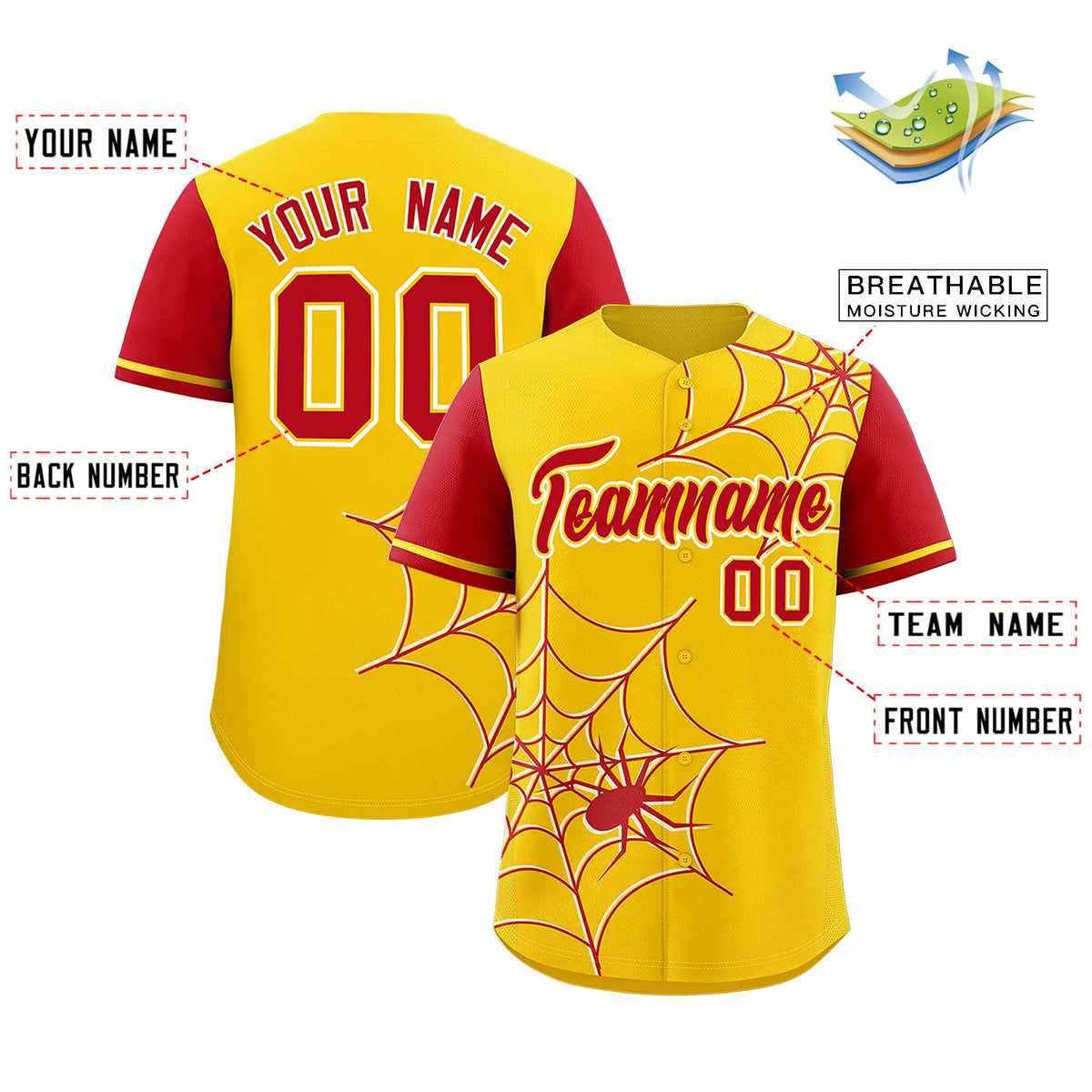 Custom Gold-Red Spider Web Pattern Raglan Sleeves Authentic Baseball Jersey | KXKSHOP