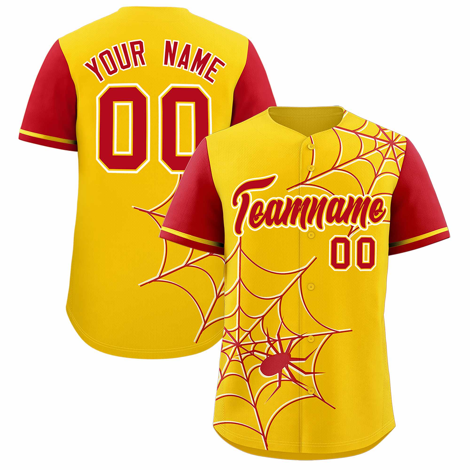 Custom Gold-Red Spider Web Pattern Raglan Sleeves Authentic Baseball Jersey | KXKSHOP