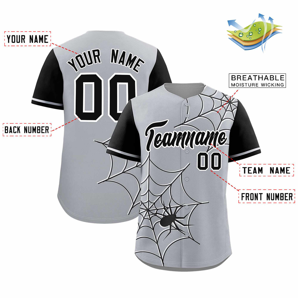 Custom Gray-Black Spider Web Pattern Raglan Sleeves Authentic Baseball Jersey | KXKSHOP