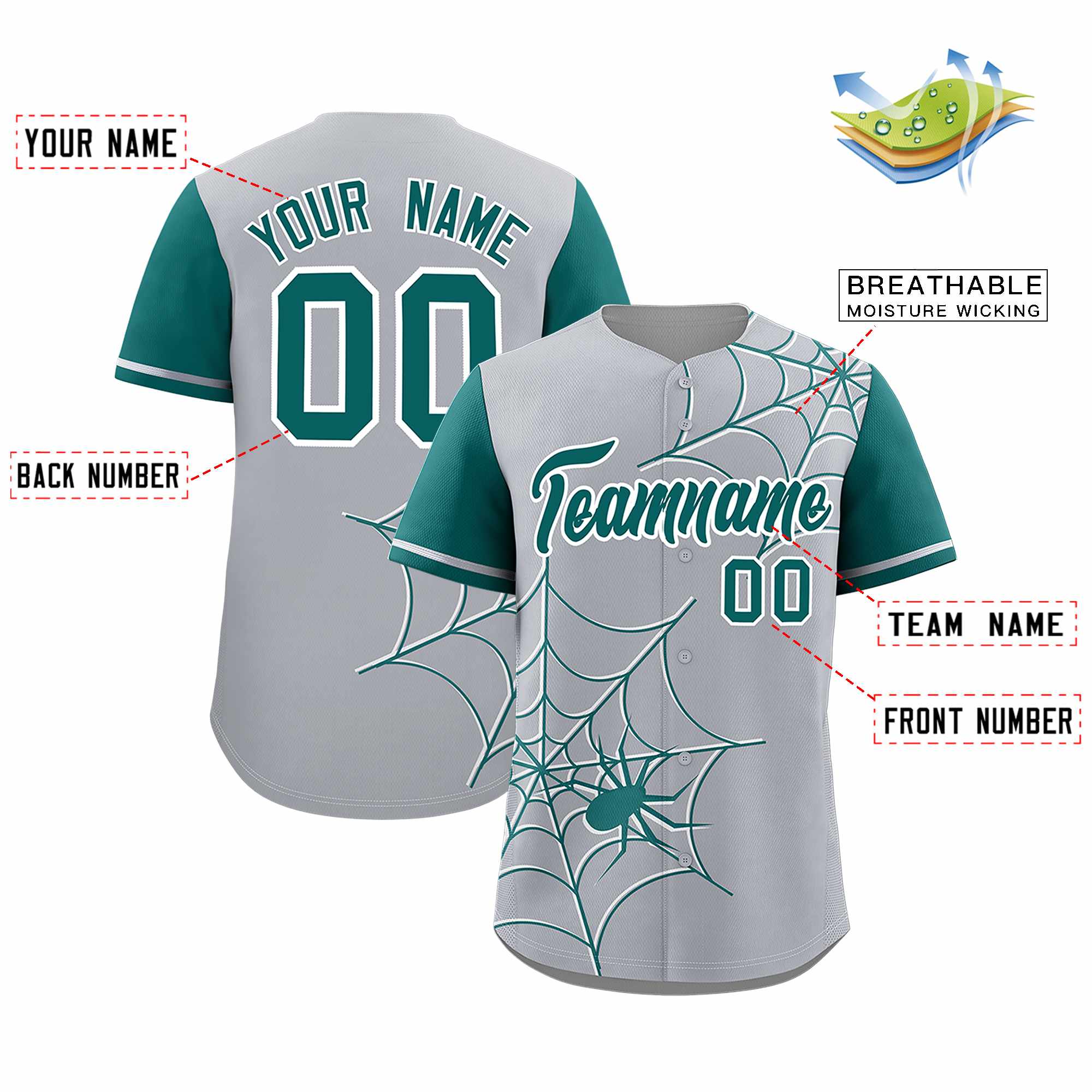 Custom Gray-Aqua Spider Web Pattern Raglan Sleeves Authentic Baseball Jersey | KXKSHOP