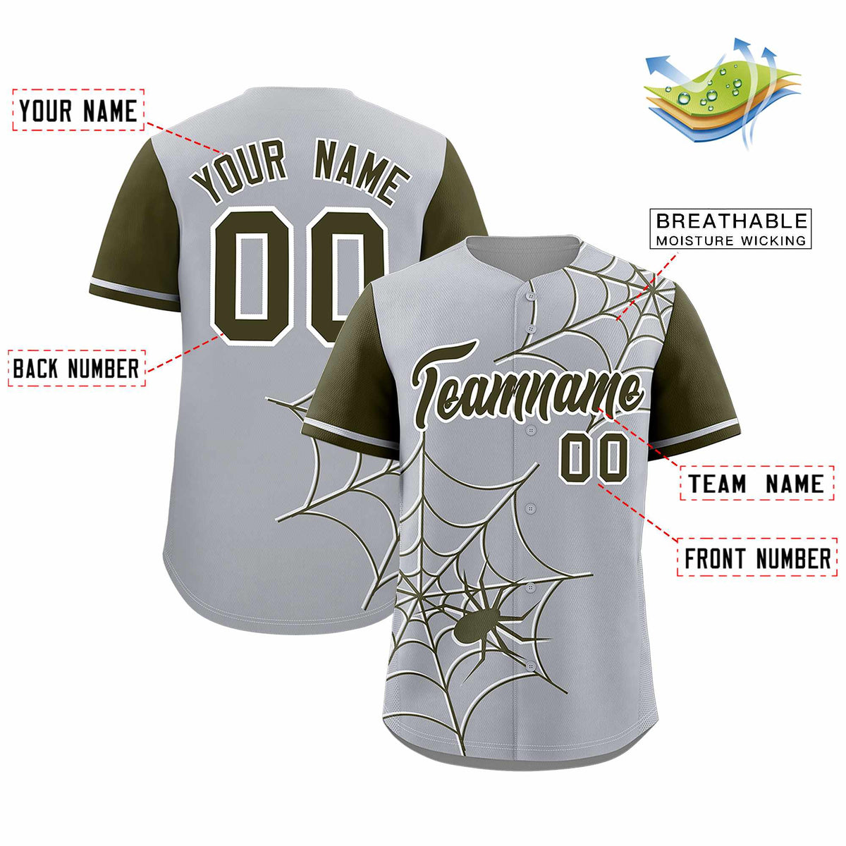 Custom Gray-Olive Spider Web Pattern Raglan Sleeves Authentic Baseball Jersey | KXKSHOP