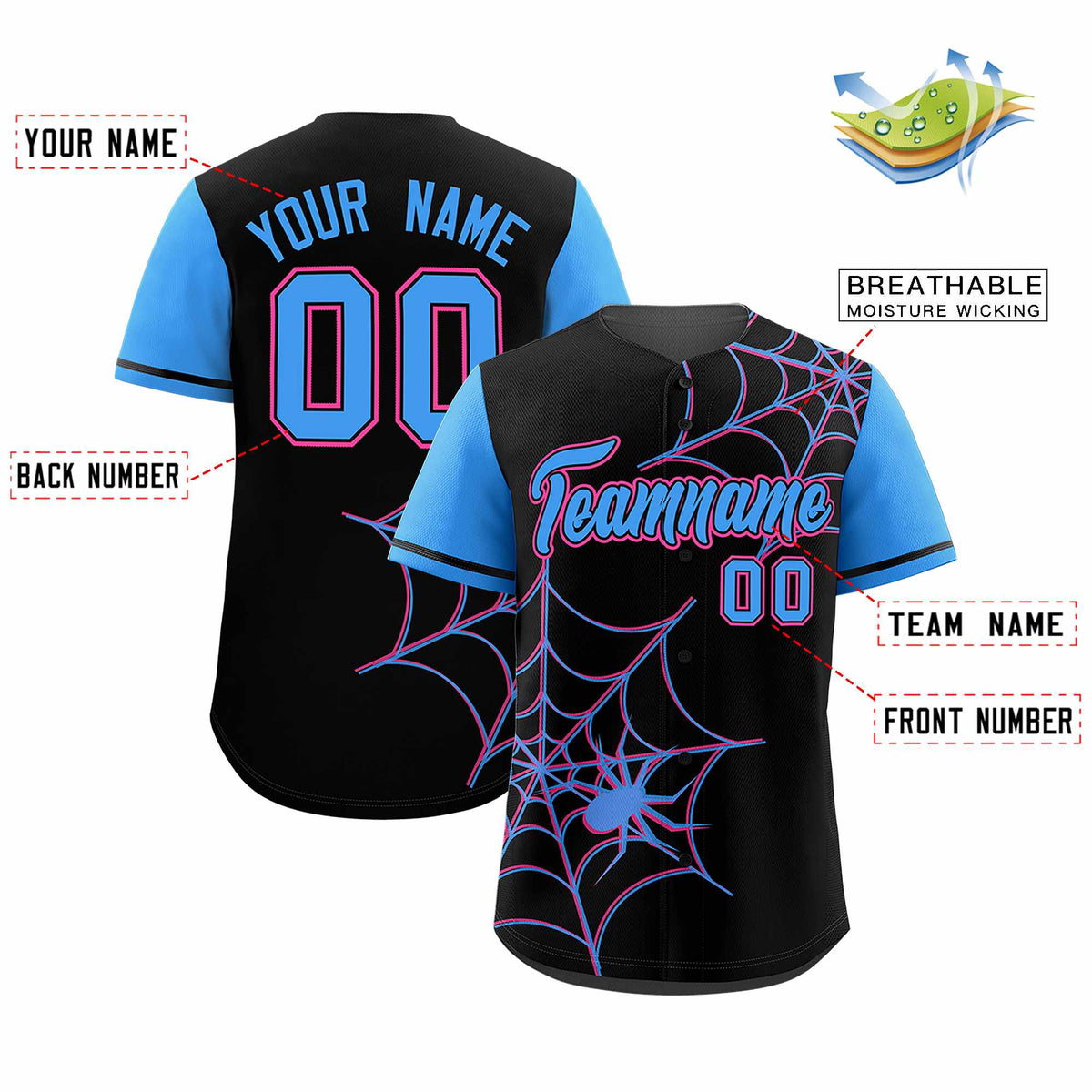 Custom Black-Powder Blue Spider Web Pattern Raglan Sleeves Authentic Baseball Jersey | KXKSHOP