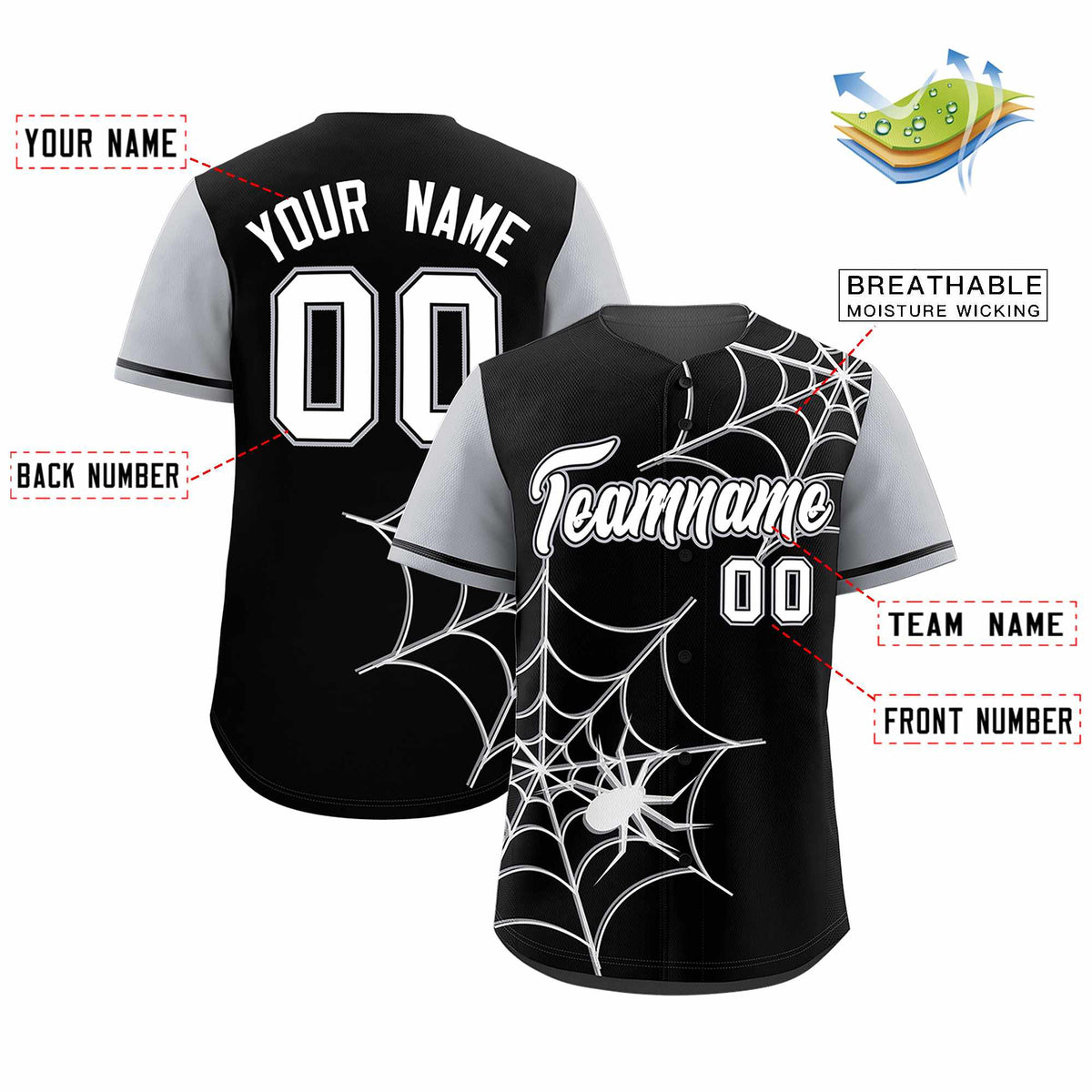 Custom Black-Gray Spider Web Pattern Raglan Sleeves Authentic Baseball Jersey | KXKSHOP