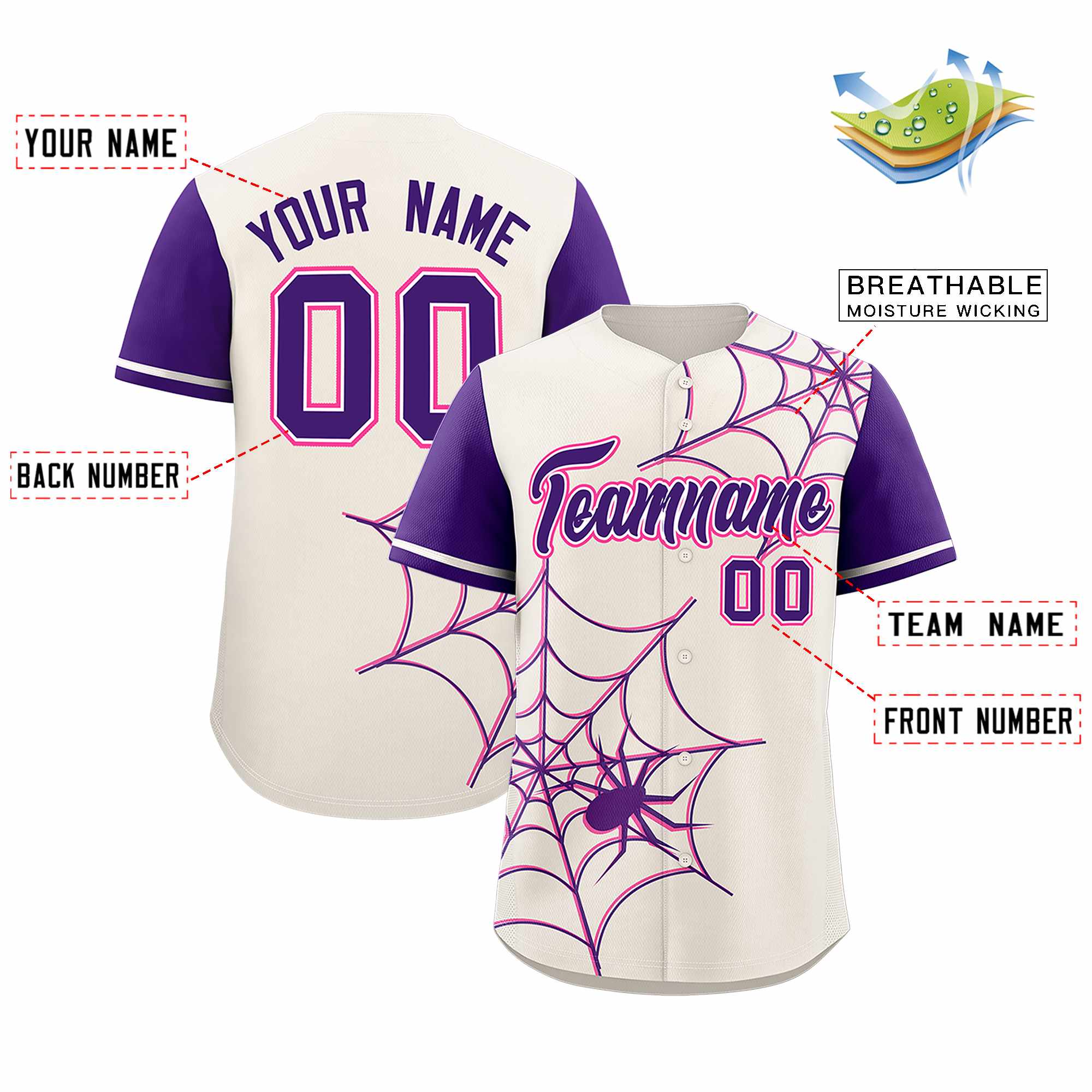 Custom Cream-Purple Spider Web Pattern Raglan Sleeves Authentic Baseball Jersey | KXKSHOP