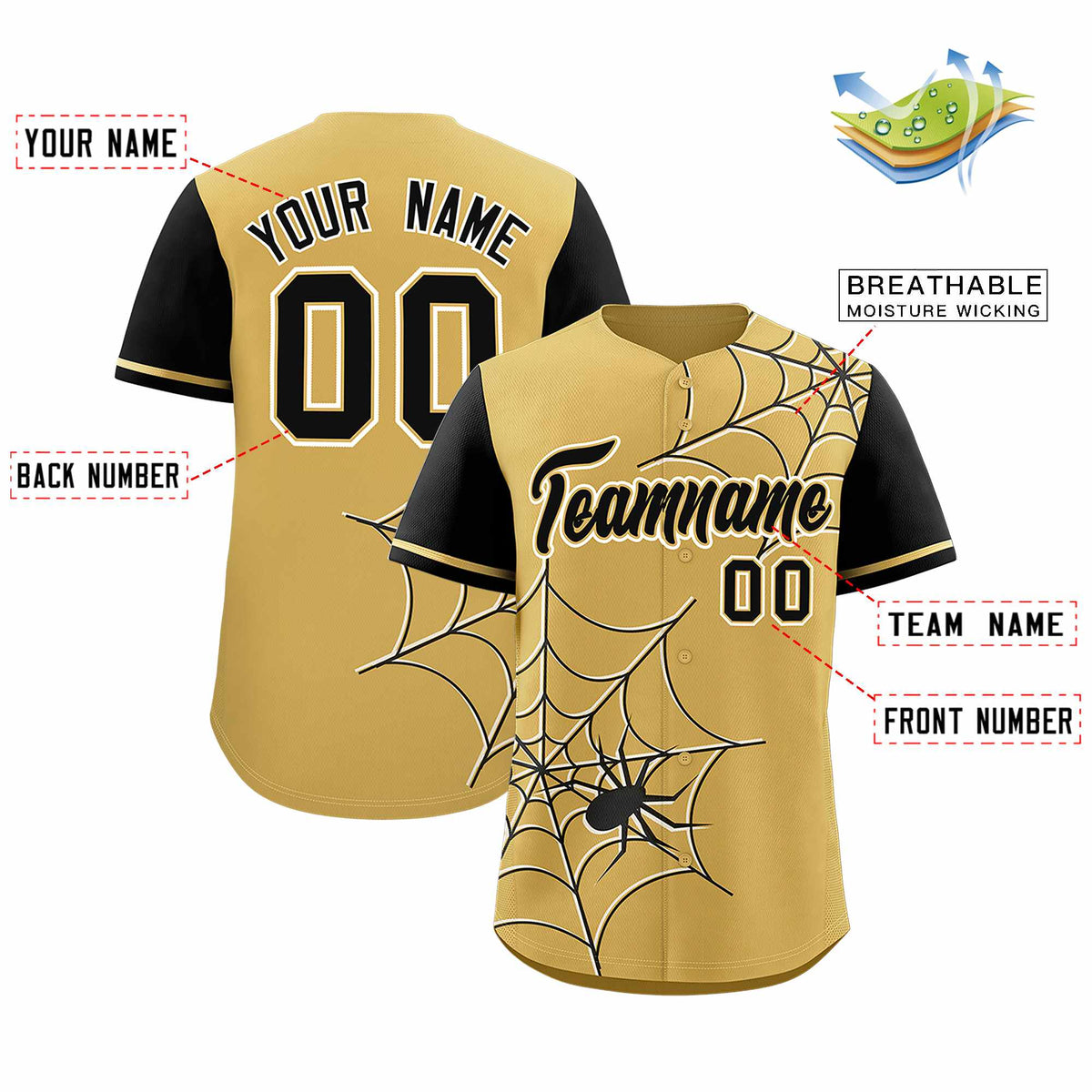 Custom Old Gold-Black Spider Web Pattern Raglan Sleeves Authentic Baseball Jersey | KXKSHOP