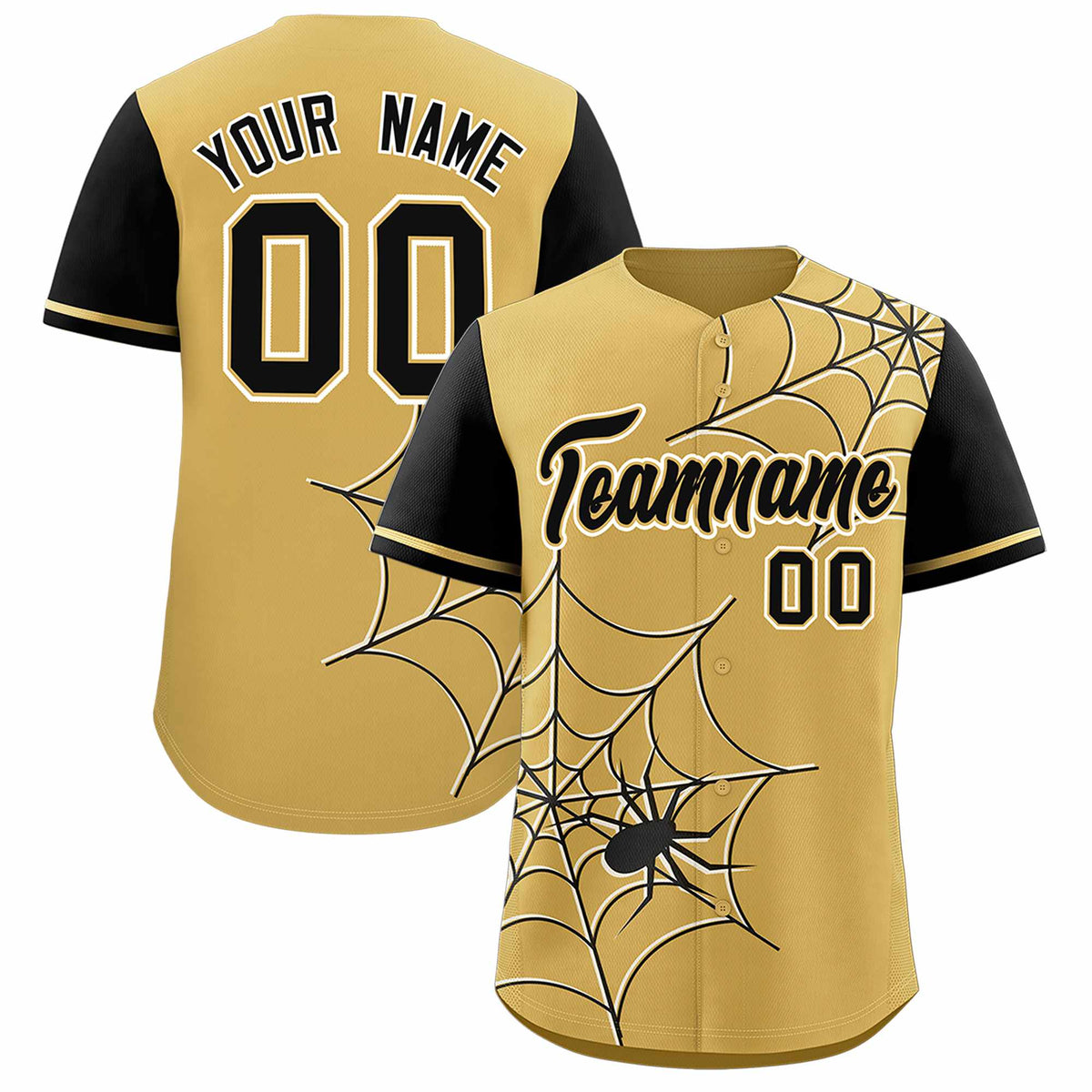 Custom Old Gold-Black Spider Web Pattern Raglan Sleeves Authentic Baseball Jersey | KXKSHOP