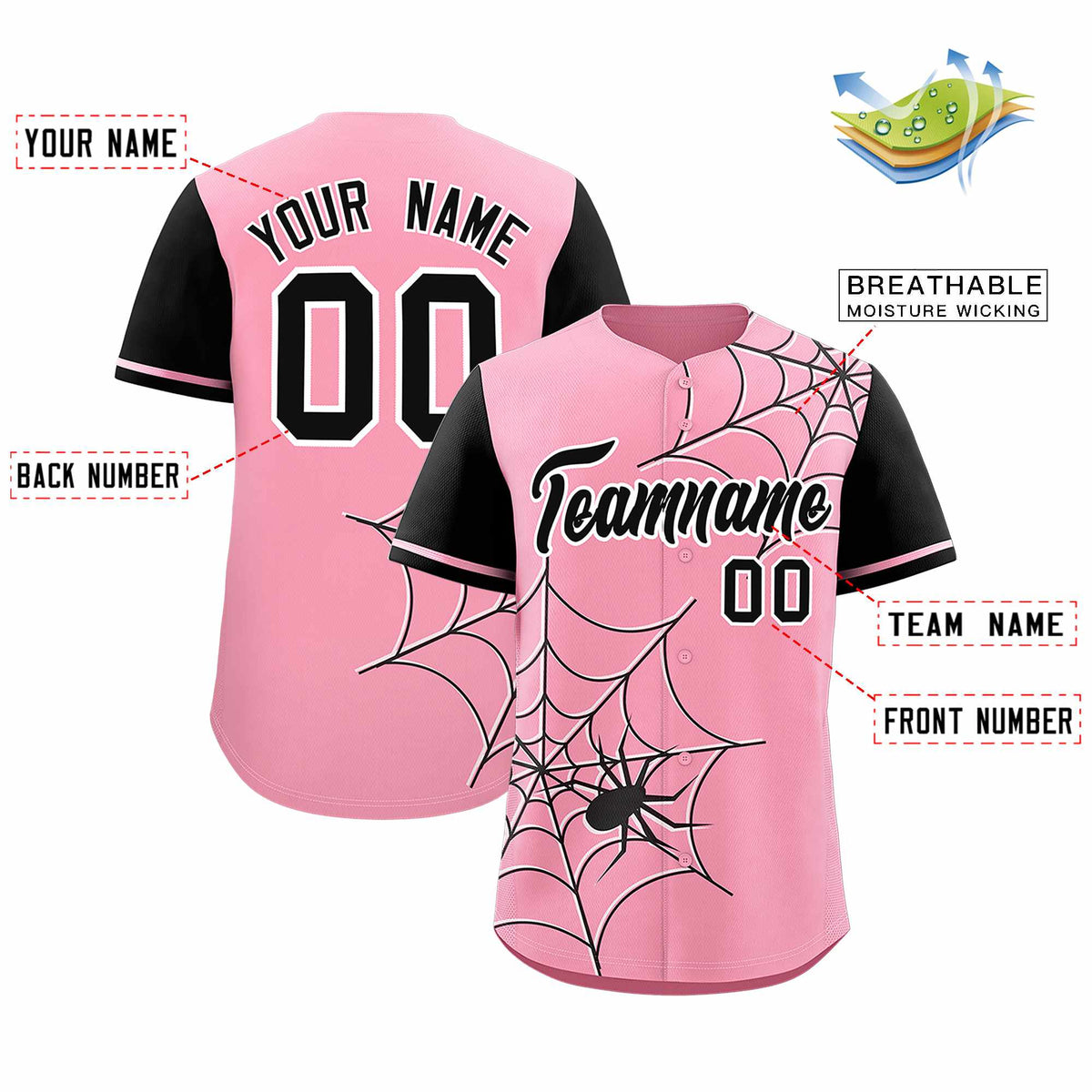 Custom Light Pink-Black Spider Web Pattern Raglan Sleeves Authentic Baseball Jersey | KXKSHOP