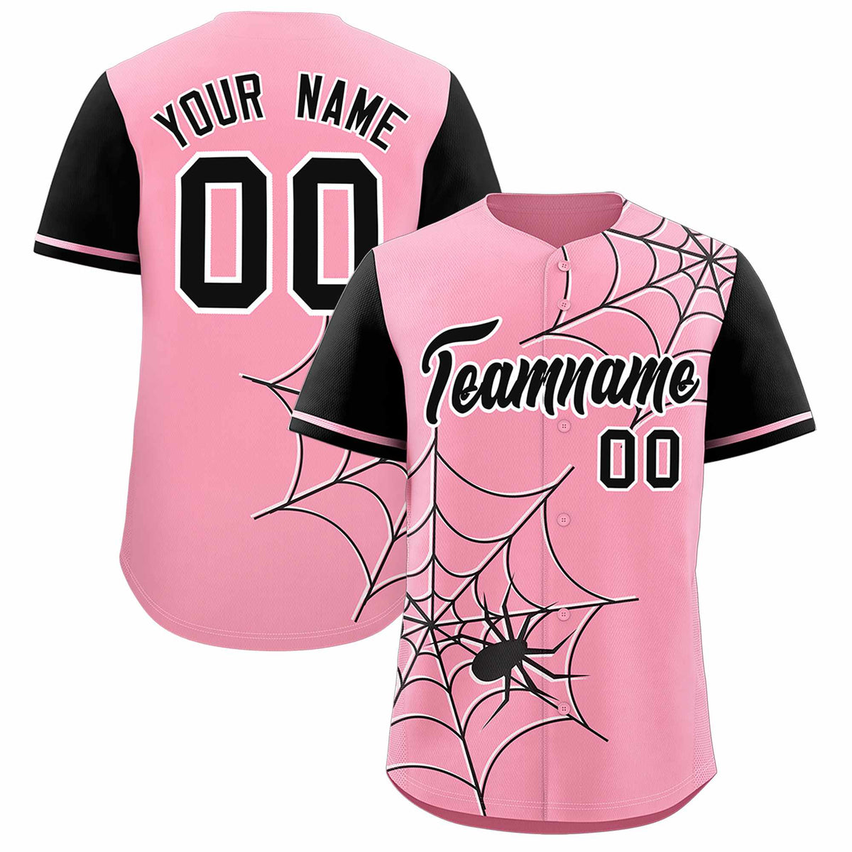 Custom Light Pink-Black Spider Web Pattern Raglan Sleeves Authentic Baseball Jersey | KXKSHOP