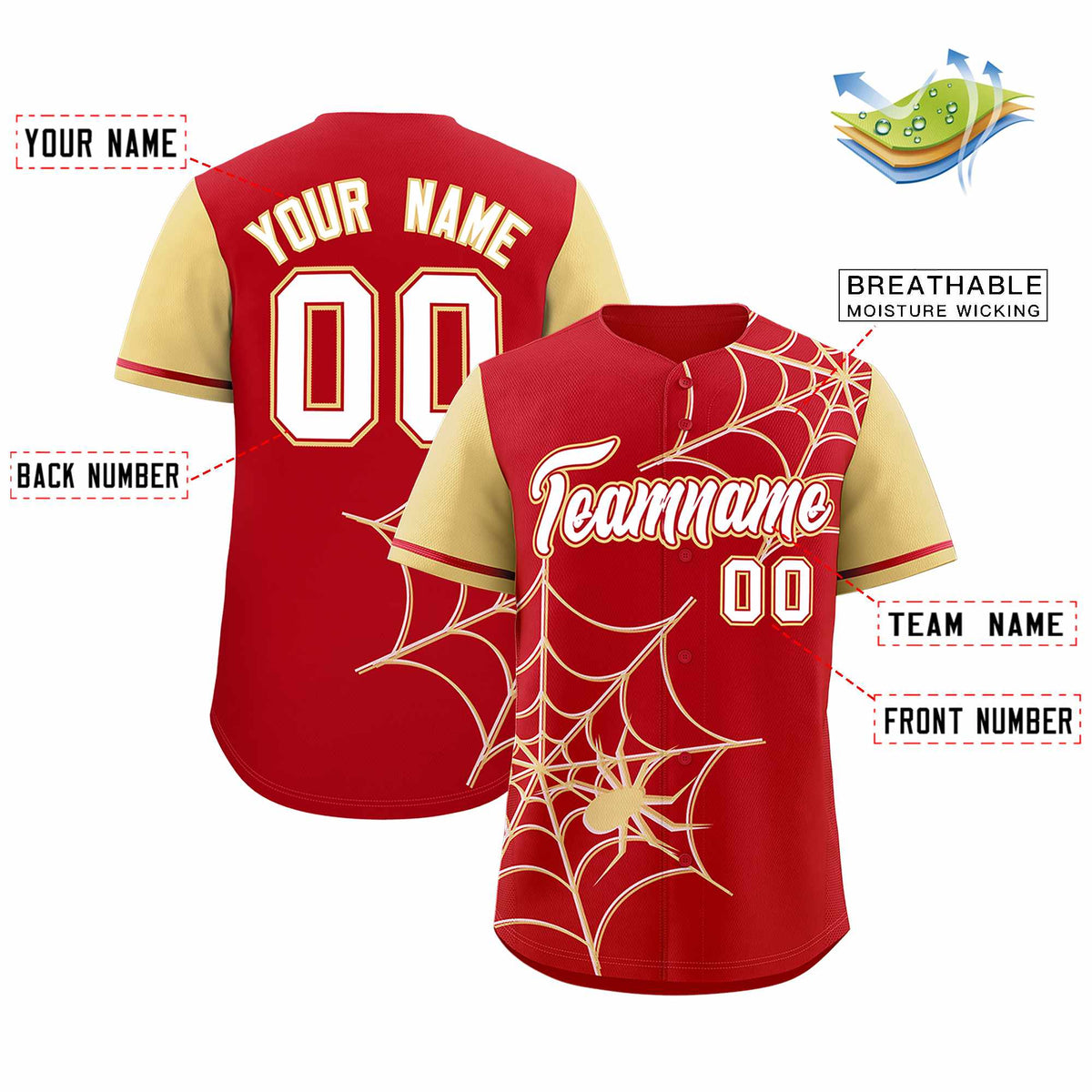 Custom Red-Khaki Spider Web Pattern Raglan Sleeves Authentic Baseball Jersey | KXKSHOP