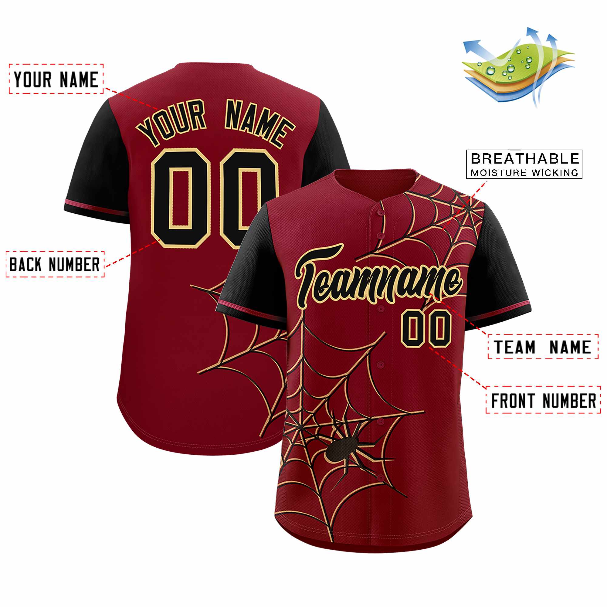 Custom Crimson-Black Spider Web Pattern Raglan Sleeves Authentic Baseball Jersey | KXKSHOP