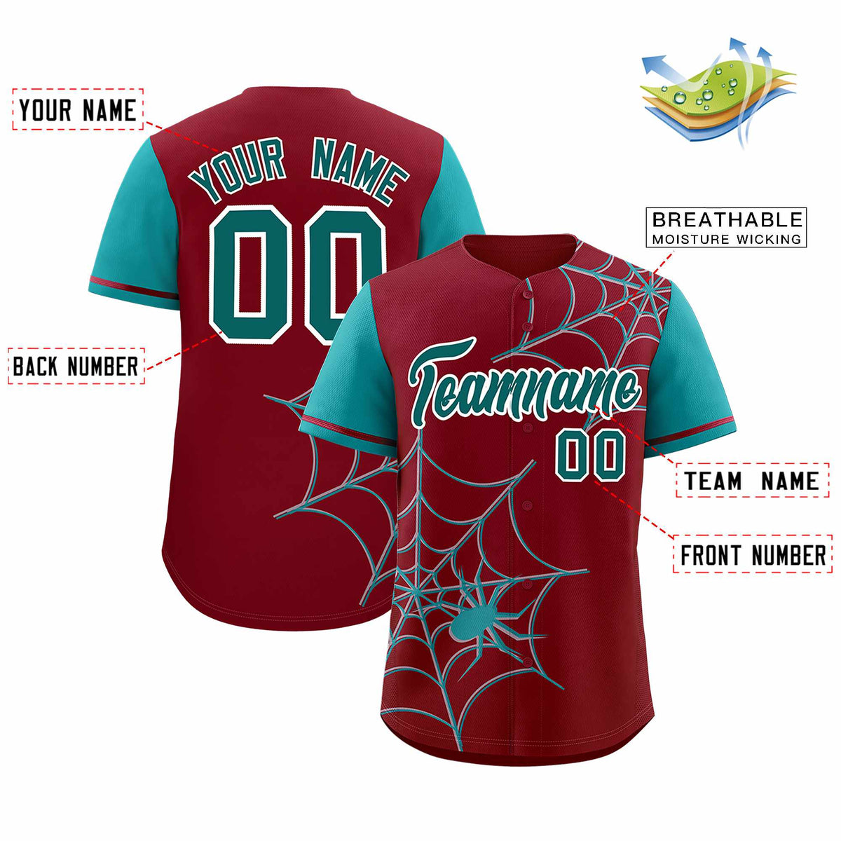 Custom Crimson-Aqua Spider Web Pattern Raglan Sleeves Authentic Baseball Jersey | KXKSHOP