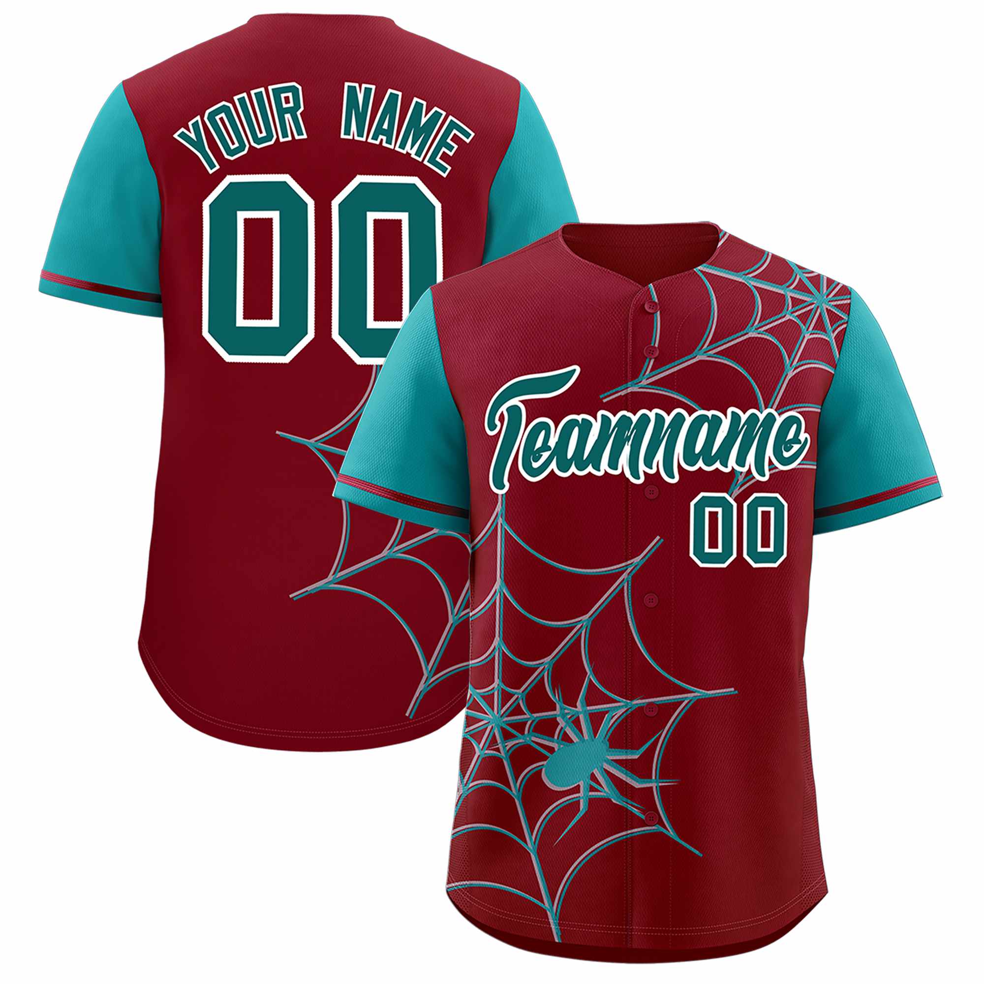 Custom Crimson-Aqua Spider Web Pattern Raglan Sleeves Authentic Baseball Jersey | KXKSHOP