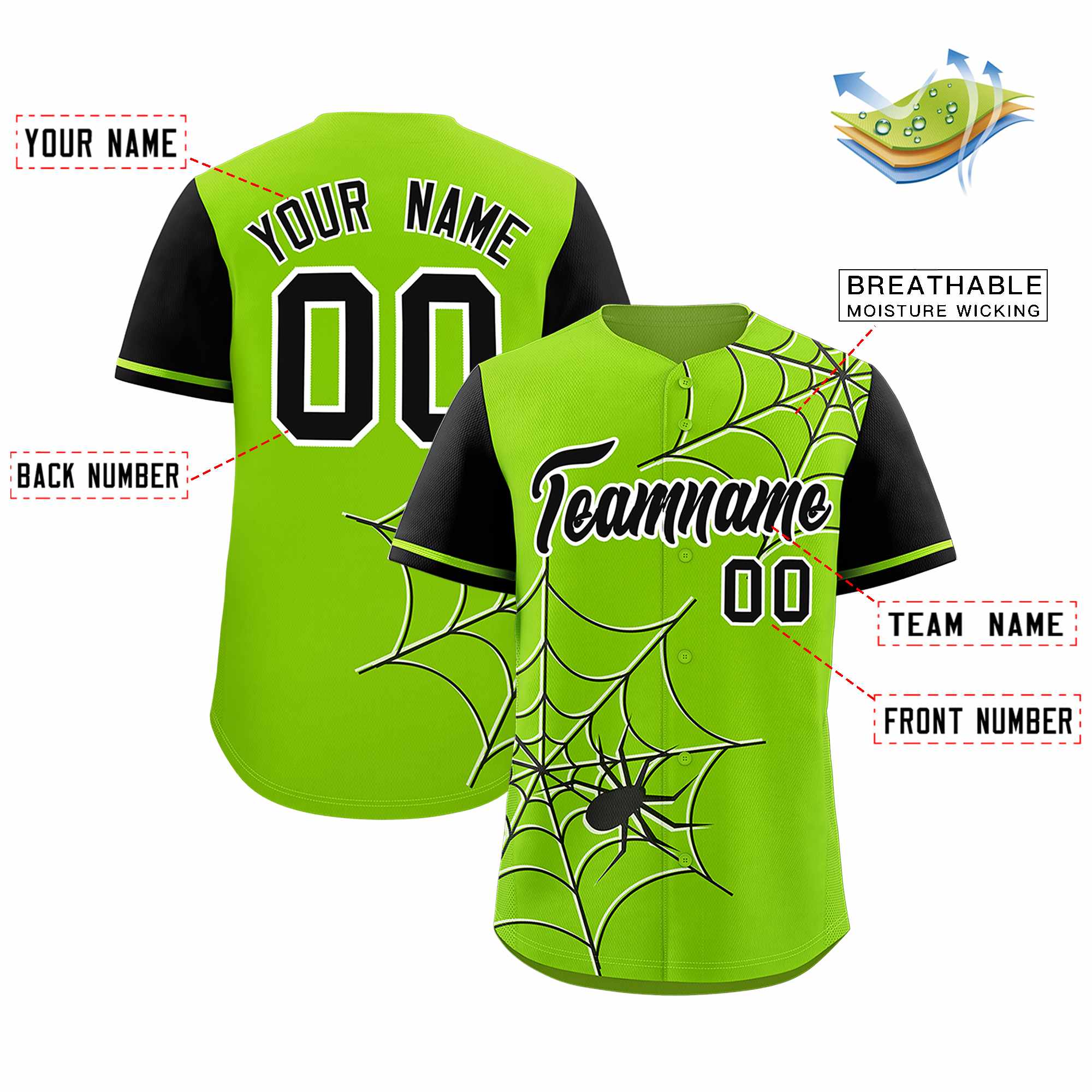 Custom Neon Green-Black Spider Web Pattern Raglan Sleeves Authentic Baseball Jersey | KXKSHOP