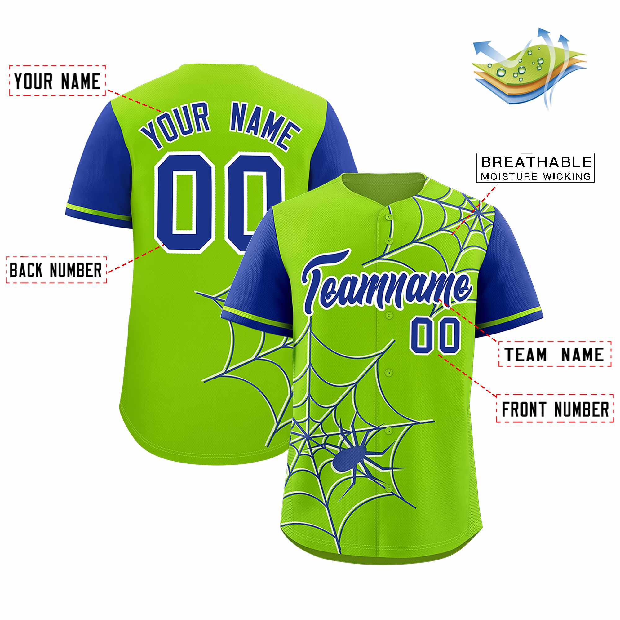 Custom Neon Green-Royal Spider Web Pattern Raglan Sleeves Authentic Baseball Jersey | KXKSHOP