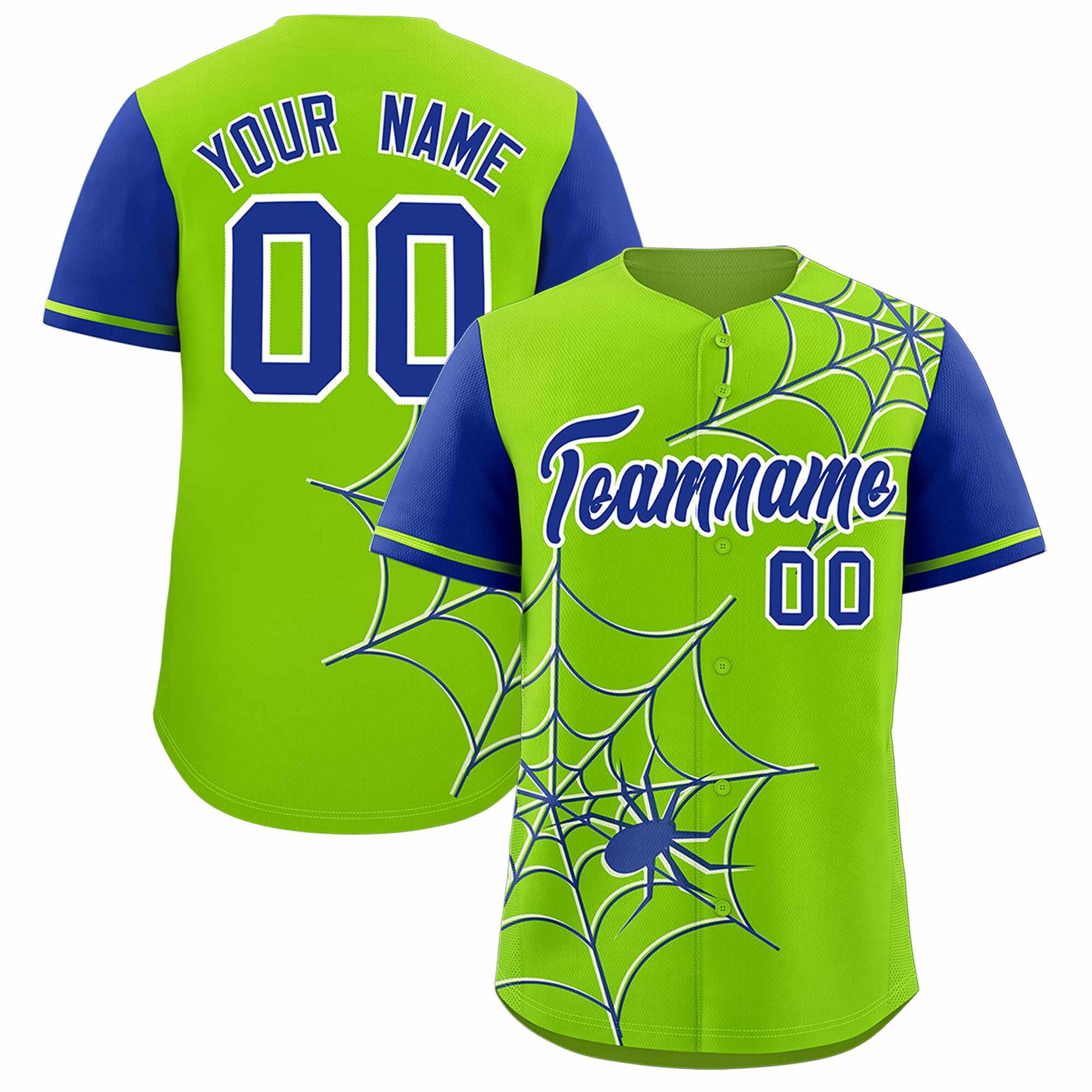 Custom Neon Green-Royal Spider Web Pattern Raglan Sleeves Authentic Baseball Jersey | KXKSHOP