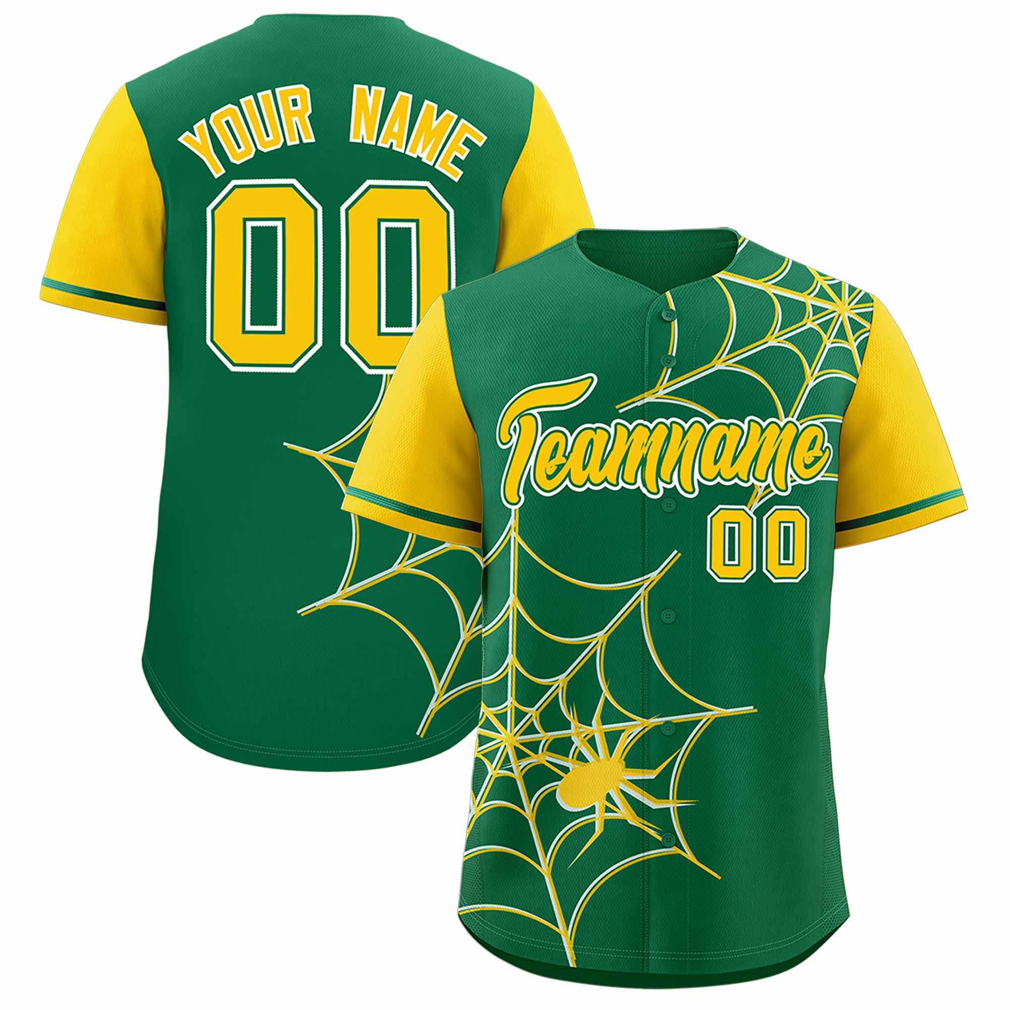 Custom Kelly Green-Gold Spider Web Pattern Raglan Sleeves Authentic Baseball Jersey | KXKSHOP
