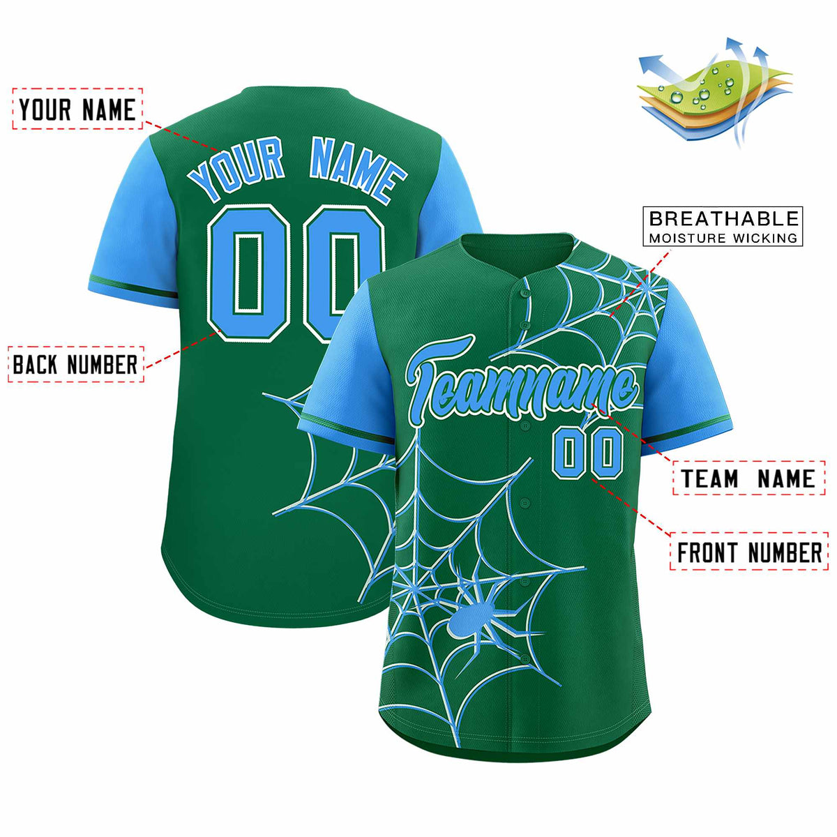 Custom Kelly Green-Powder Blue Spider Web Pattern Raglan Sleeves Authentic Baseball Jersey | KXKSHOP