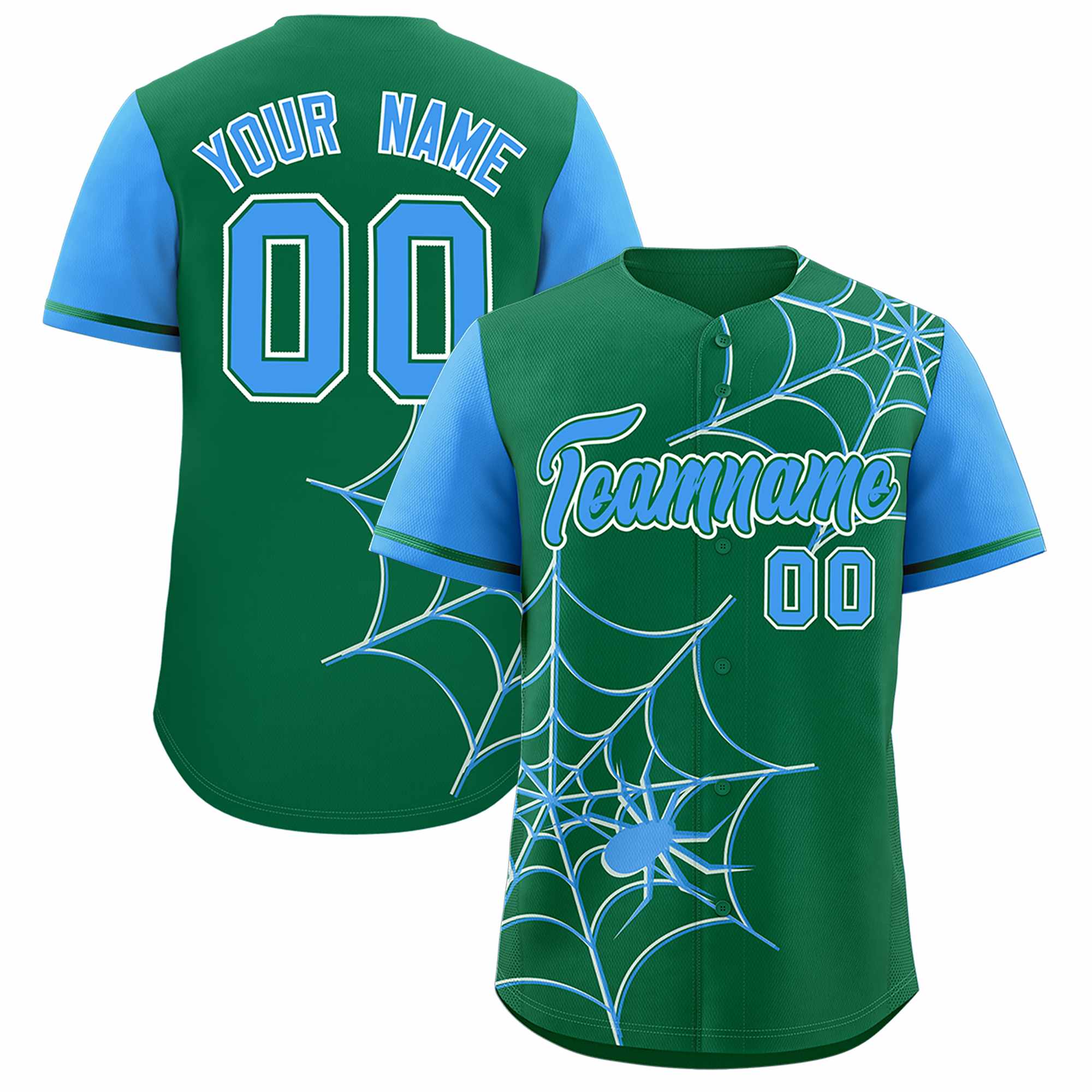 Custom Kelly Green-Powder Blue Spider Web Pattern Raglan Sleeves Authentic Baseball Jersey | KXKSHOP