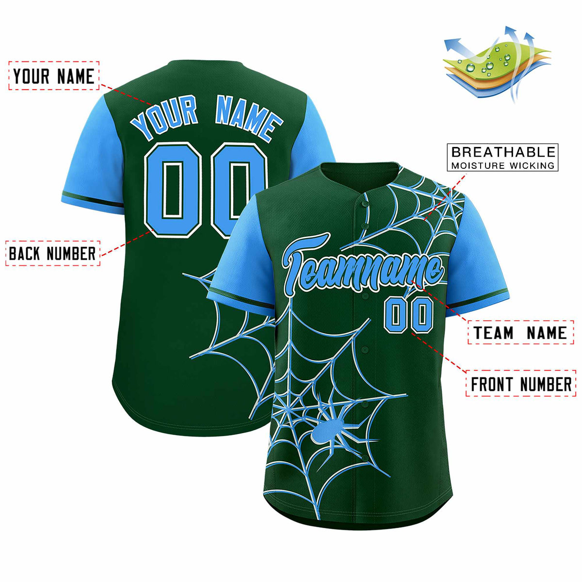 Custom Green-Powder Blue Spider Web Pattern Raglan Sleeves Authentic Baseball Jersey | KXKSHOP